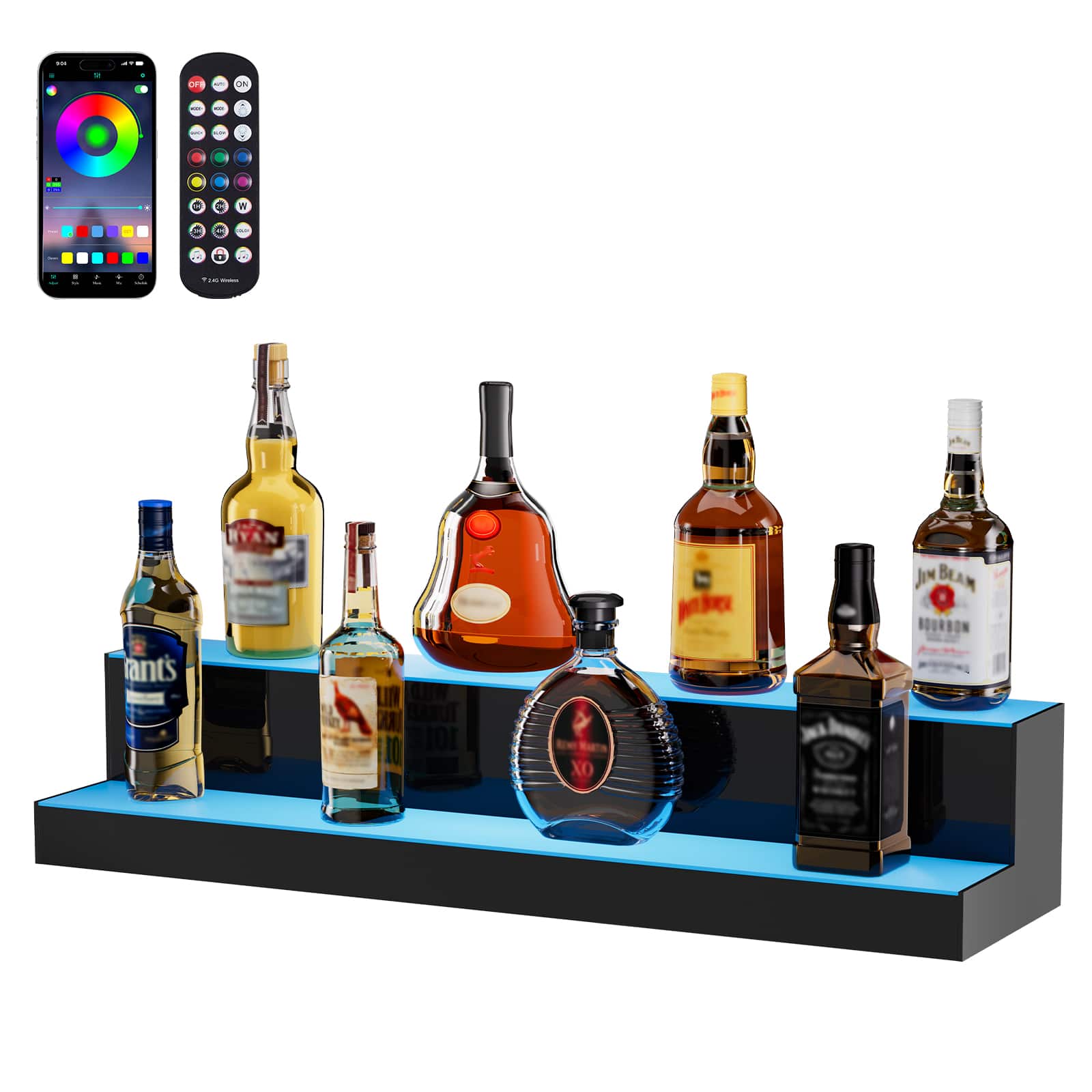 VEVOR - LED Lighted Liquor Bottle Display, 2 Tiers 30 Inch Commercial Illuminated Home Bar Shelf, 2 Steps Whiskey Rack Stand - Transparent