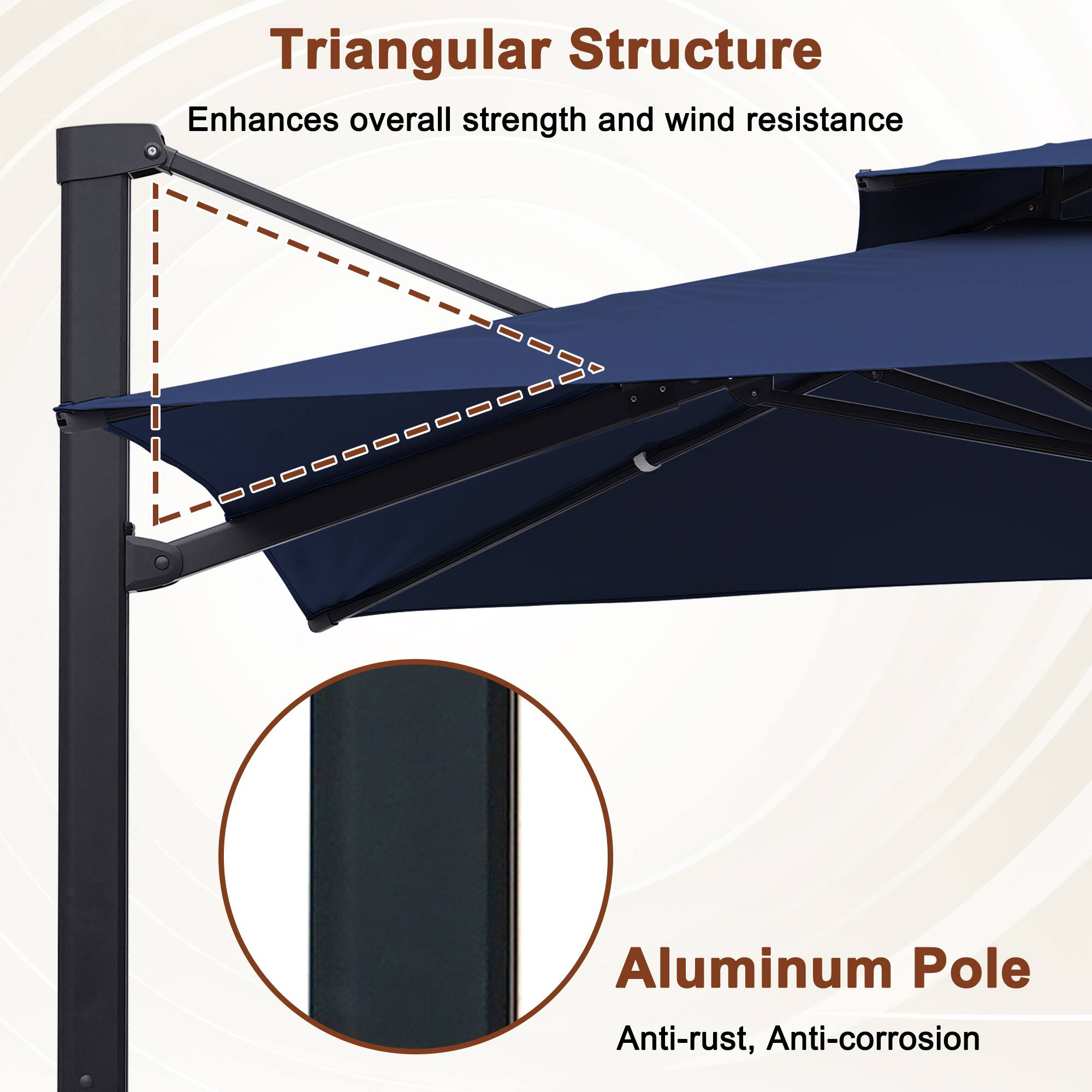 Triangular Structure  
Enhances overall strength and wind resistance  

Aluminum Pole  
Anti-rust, Anti-corrosion