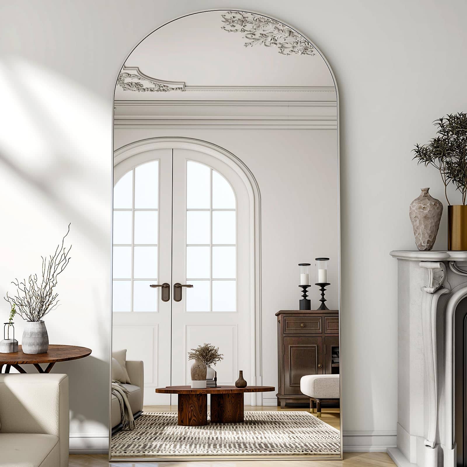 Hanke - Oversized Full-body Mirror Arched Full-length Metal Frame Floor For Bedroom Living dressing Room Gym - wall - Silver 76"L x 34"W