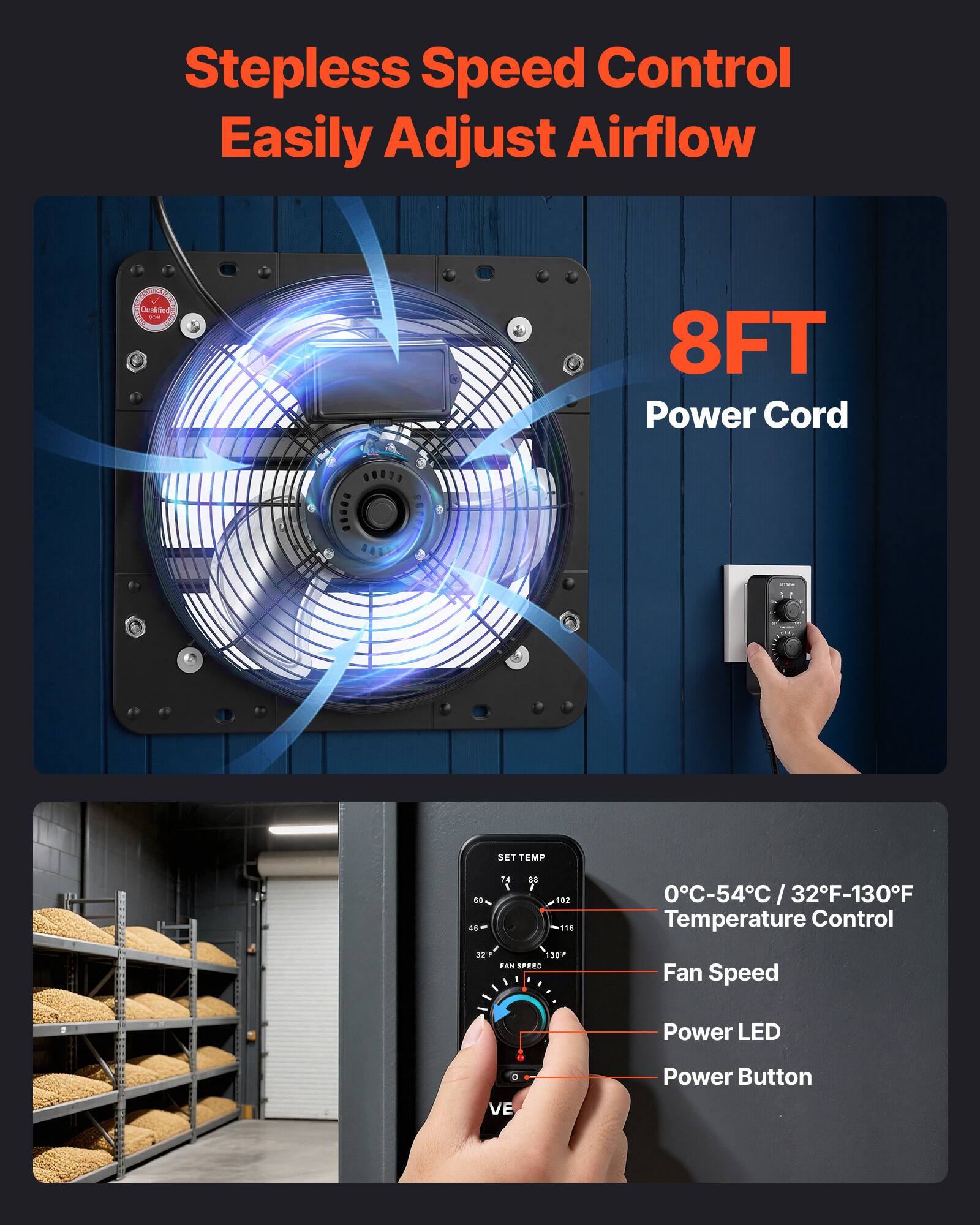 Stepless Speed Control Easily Adjust Airflow  
8FT Power Cord  
SET TEMP 0°C-54°C / 32°F-130°F  
Temperature Control  
Fan Speed  
Power LED  
Power Button