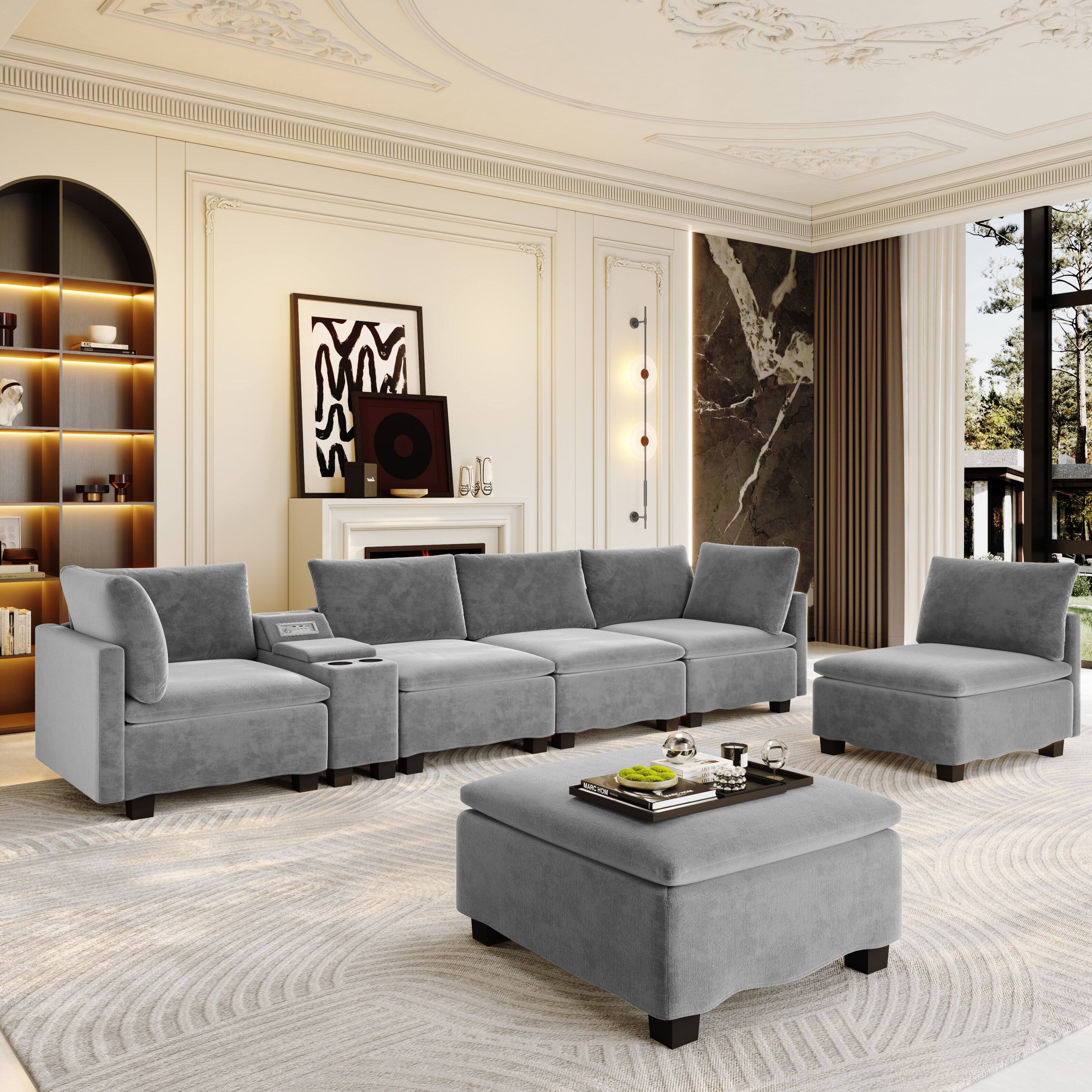 Angle. Anysun - 121.2" Modular U-Shaped Cloud Sectional Sofa with Movable Ottoman, Hidden Storage, Cup Holders & Bluetooth Speaker - Grey.