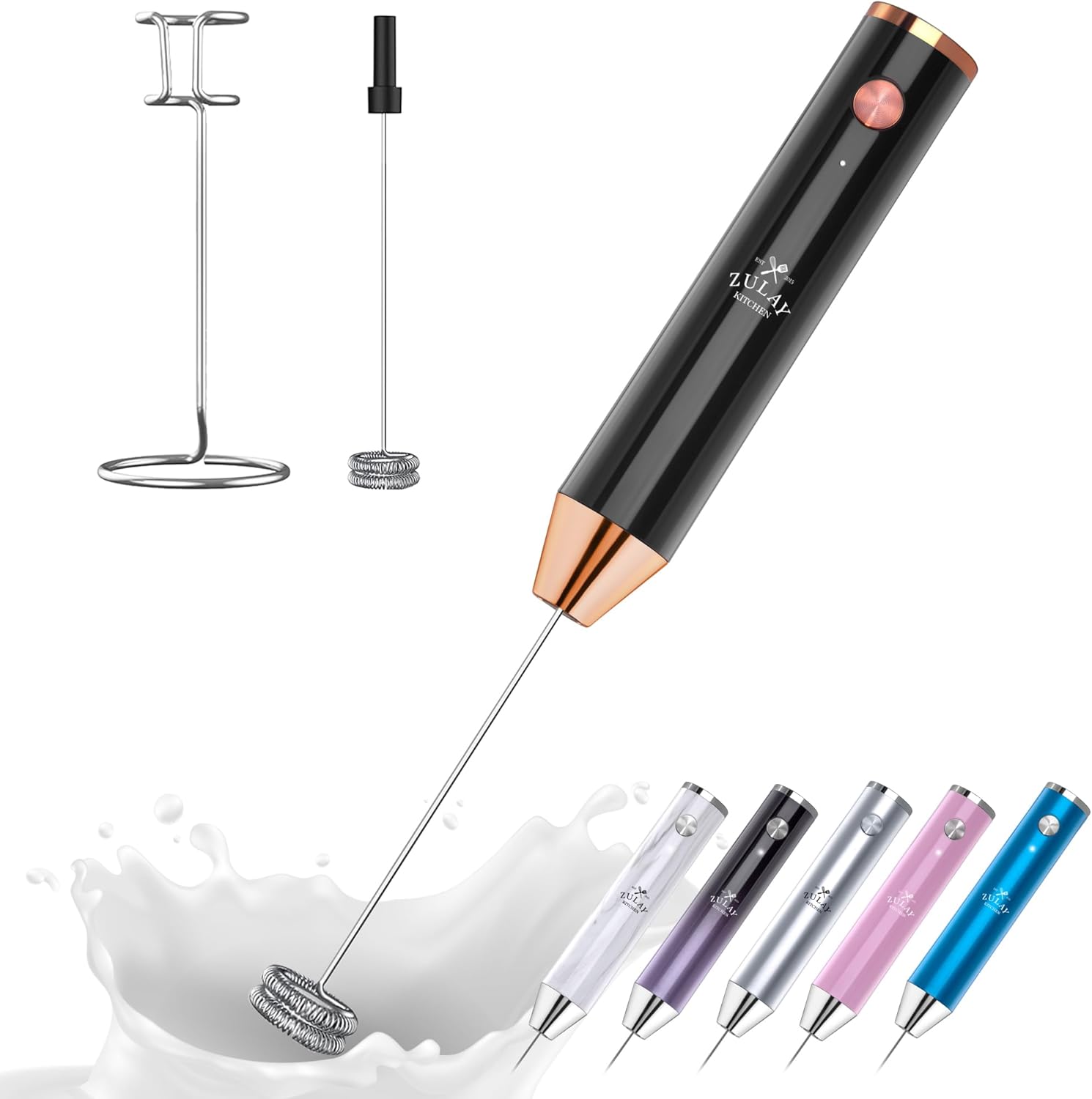 Zulay Kitchen - Lux Rechargeable Milk Frother Handheld - Powerful 2-Speed Motor, Fully Waterproof, 2000mAh Battery - Black Copper
