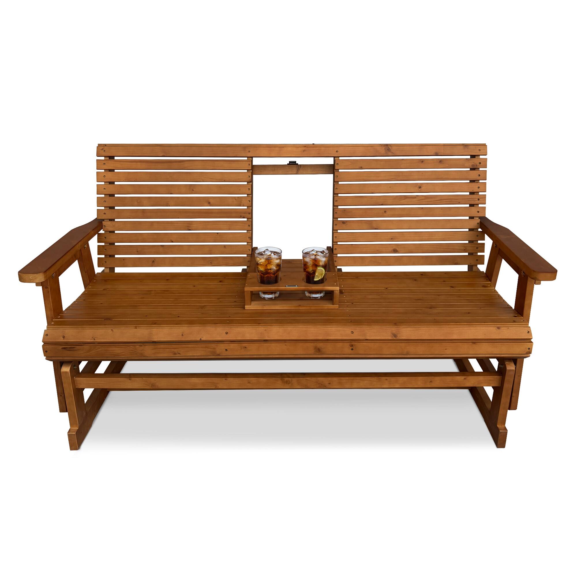 Front. Fortune Candy - Outdoor Wooden Glider Bench with Foldable Cup Holder, 800 lbs Heavy Duty for Porch, Yard & Garden - Brown.