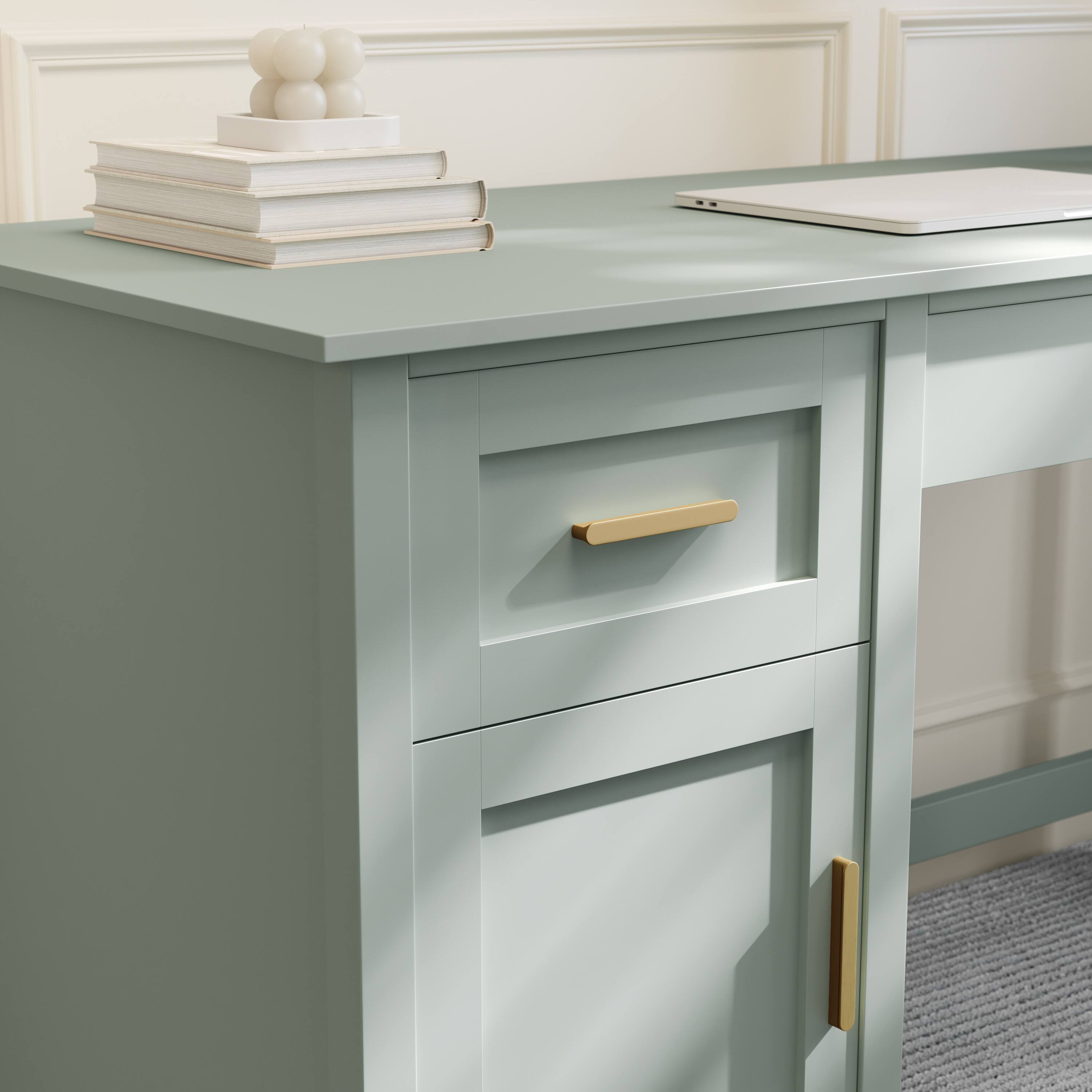 Alt View 5. Martha Stewart - Hutton Shaker Style Home Office Desk with Storage - Sage Frame/Polished Brass Hardware.
