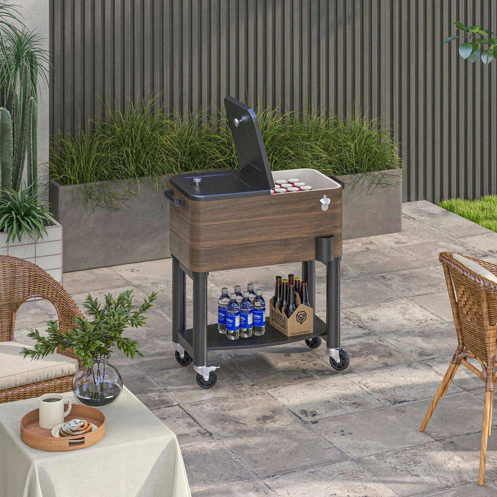 Angle. Resenkos - 60 Quart Outdoor Cooler Cart, Rolling Ice Chest with Bottom Shelf and Bottle Opener for Backyard, Deck, Brown - Brown.