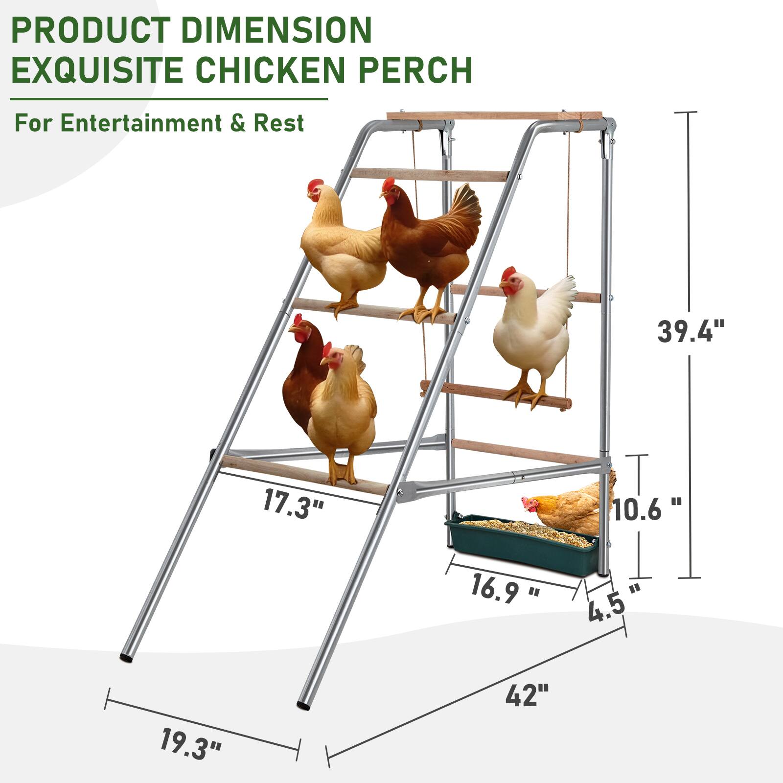 PRODUCT DIMENSION  
EXQUISITE CHICKEN PERCH  
For Entertainment & Rest  

- 39.4"  
- 17.3"  
- 10.6"  
- 16.9"  
- 4.5"  
- 19.3"  
- 42"