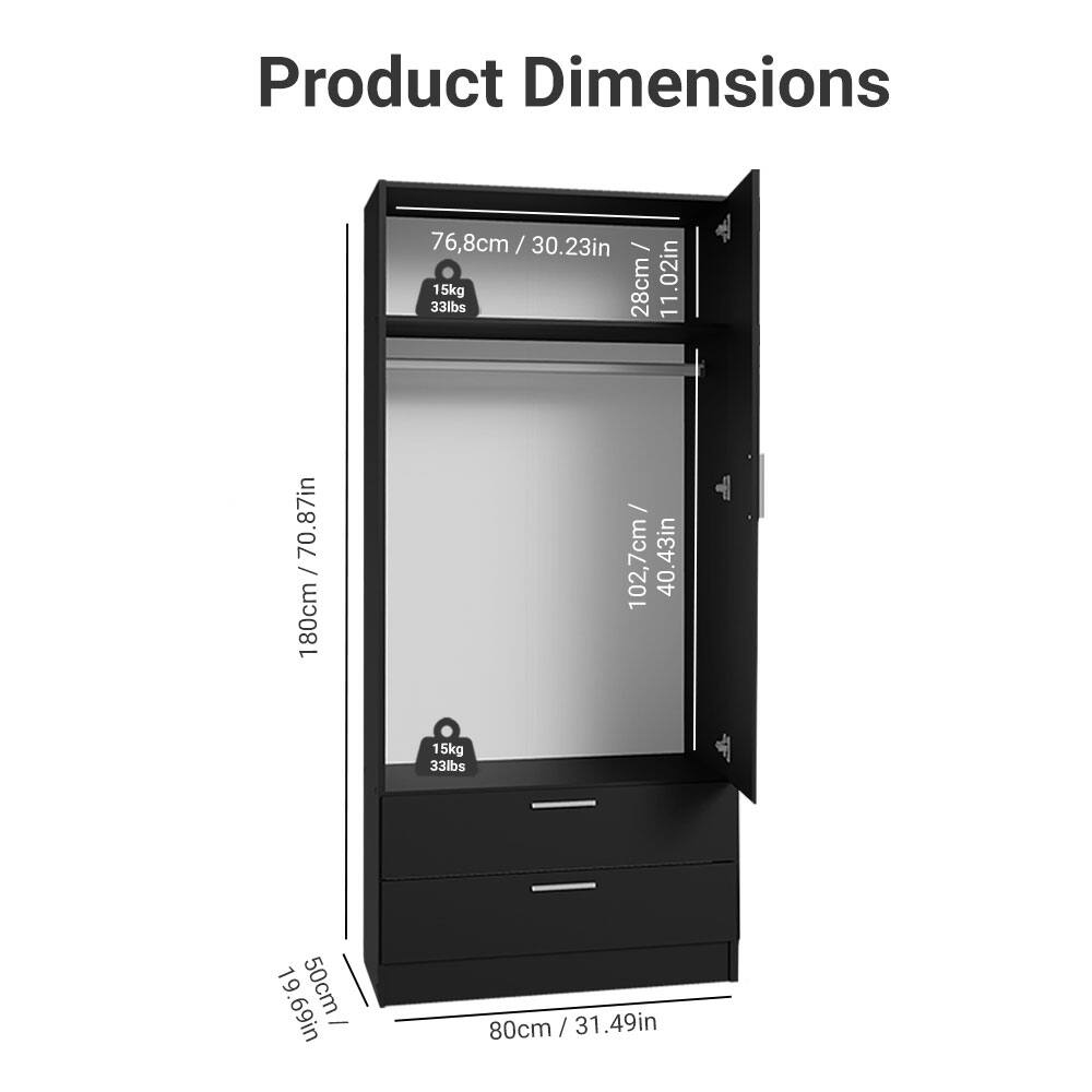 Product Dimensions

- Height: 180cm / 70.87in
- Width: 80cm / 31.49in
- Depth: 76.8cm / 30.23in
- Drawer Height: 28cm / 11.02in
- Drawer Weight Capacity: 15kg / 33lbs
- Drawer Height: 102.7cm / 40.43in
- Drawer Weight Capacity: 15kg / 33lbs