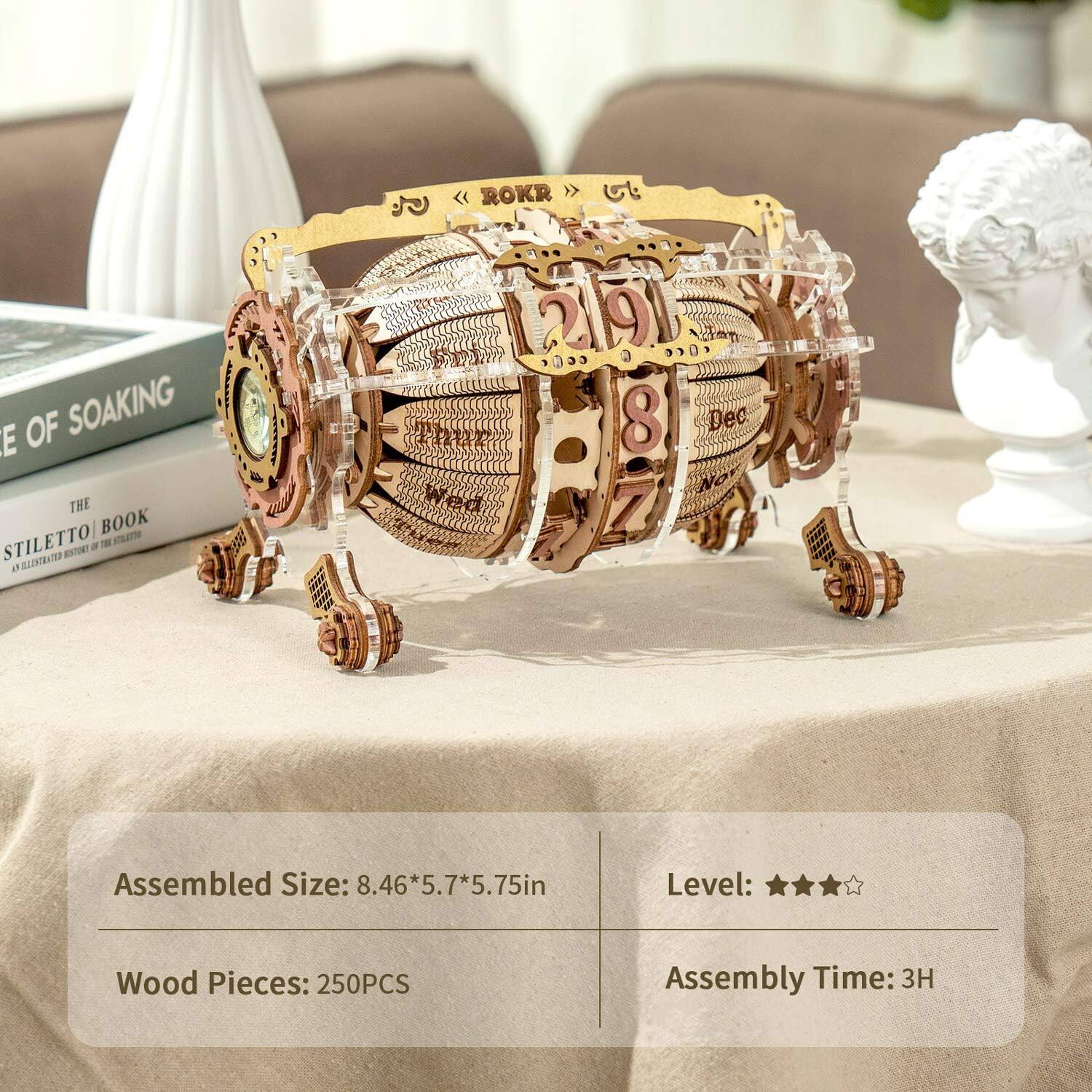 ROKR > THE BOOK STILETTO  
KLATNO BNTO - TRE 2 Ena CCO thu Wed Aen 30 8 Dec Nor Assembled Size: 8.46*5.7*5.75in  
Level: Wood Pieces: 250PCS Assembly Time: 3H