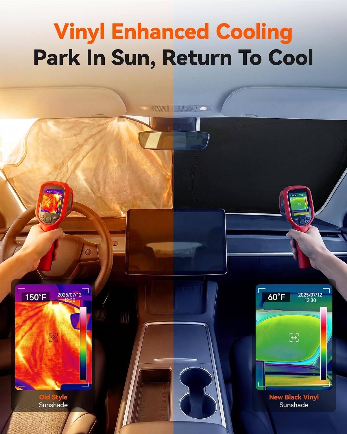 Vinyl Enhanced Cooling  
Park In Sun, Return To Cool  

SKY  
BO  
2025/07/12 150F 12:30  
60F 2025/07/12 12:30  

Old Style Sunshade  
New Black Vinyl Sunshade
