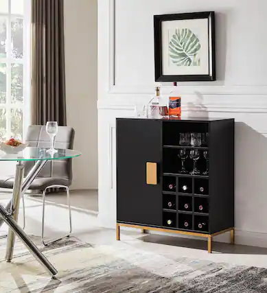 Front. Kings Brand Furniture - Kings Brand Furniture - Grant Buffet Bar Liquor Cabinet with Wine Rack Storage and Glass Holder, Black - Black.