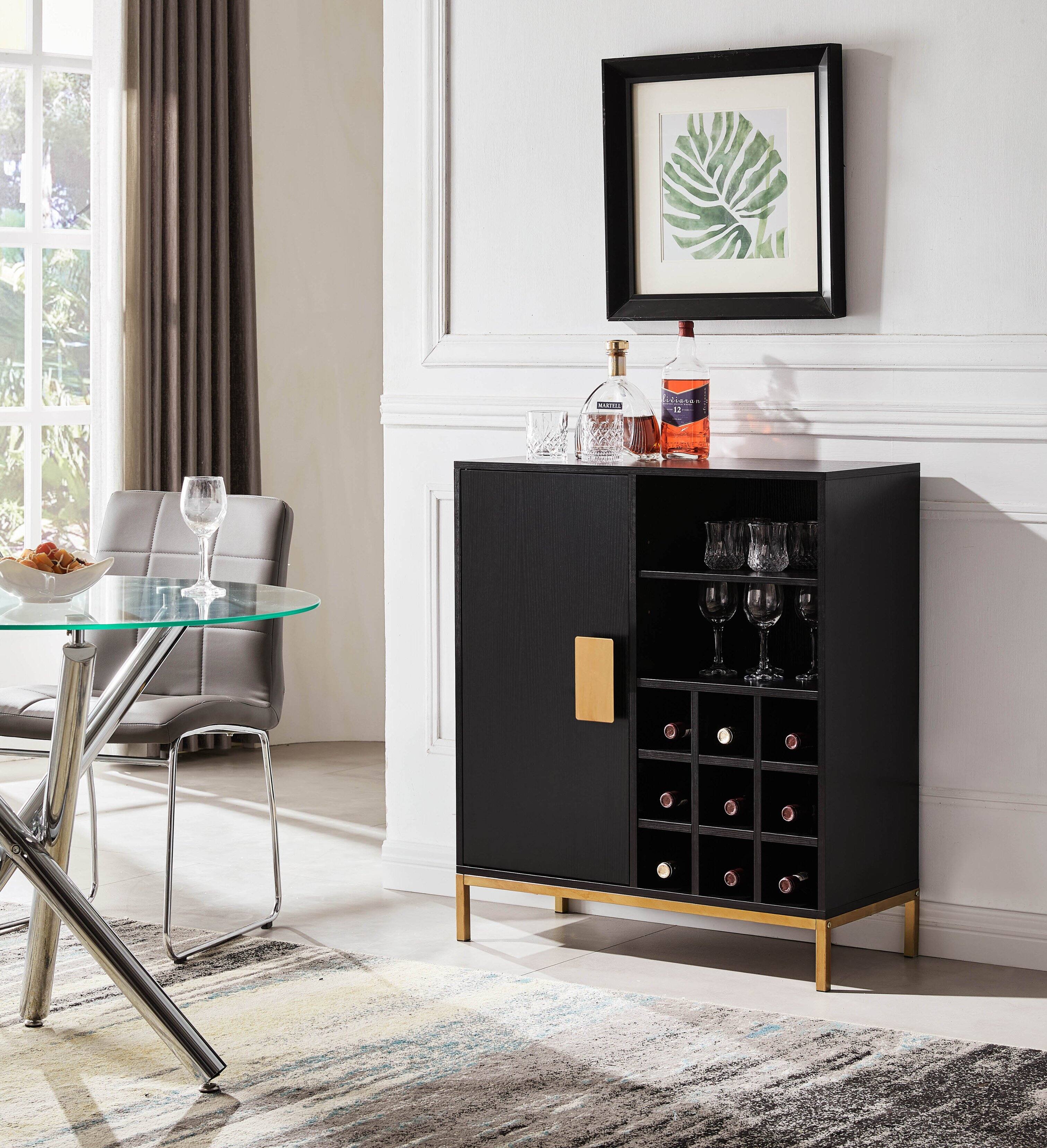Front. Kings Brand Furniture - Kings Brand Furniture - Grant Buffet Bar Liquor Cabinet with Wine Rack Storage and Glass Holder, Black - Black.