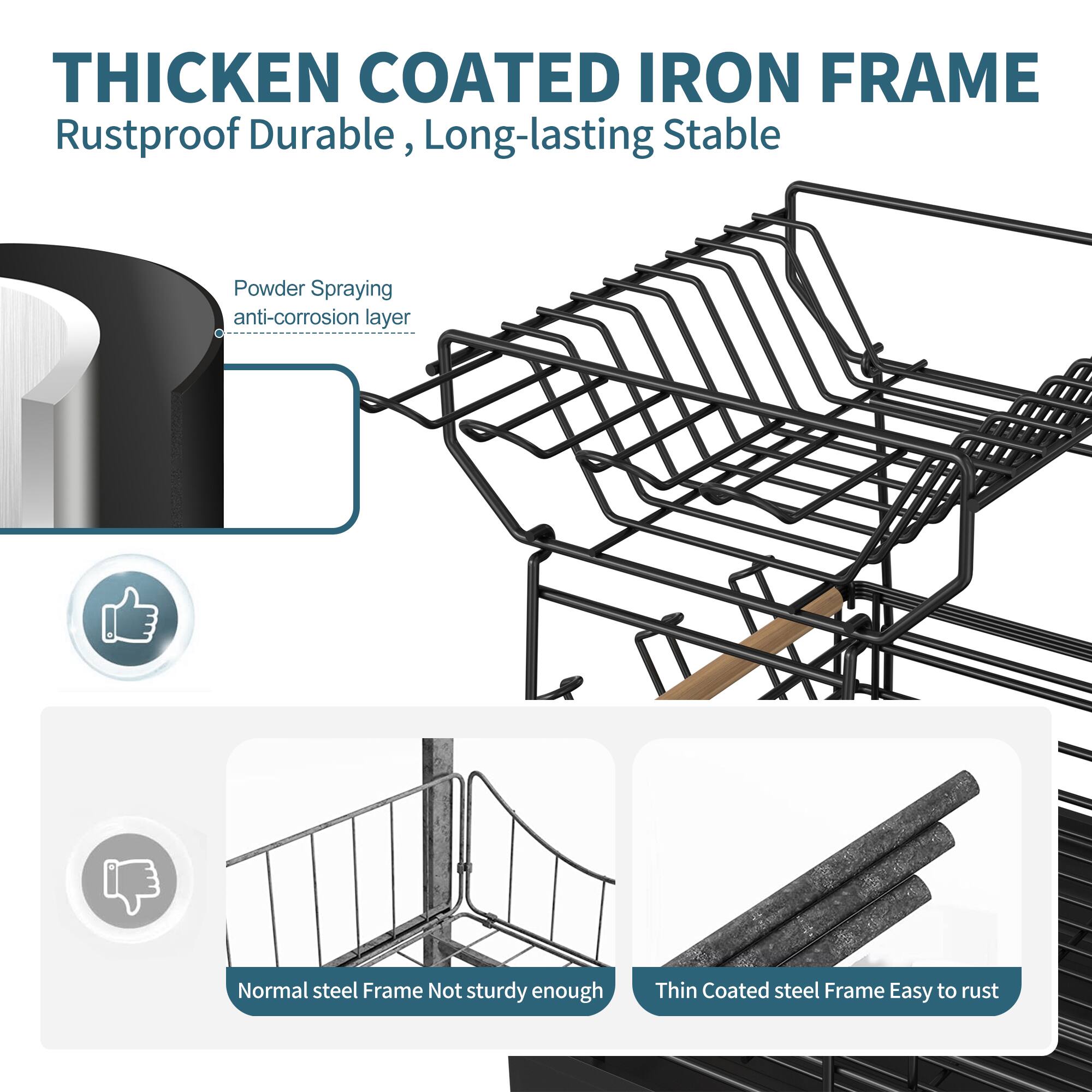 **THICKEN COATED IRON FRAME**  
Rustproof Durable, Long-lasting Stable  

Powder Spraying anti-corrosion layer  

- Normal steel Frame Not sturdy enough  
- Thin Coated steel Frame Easy to rust