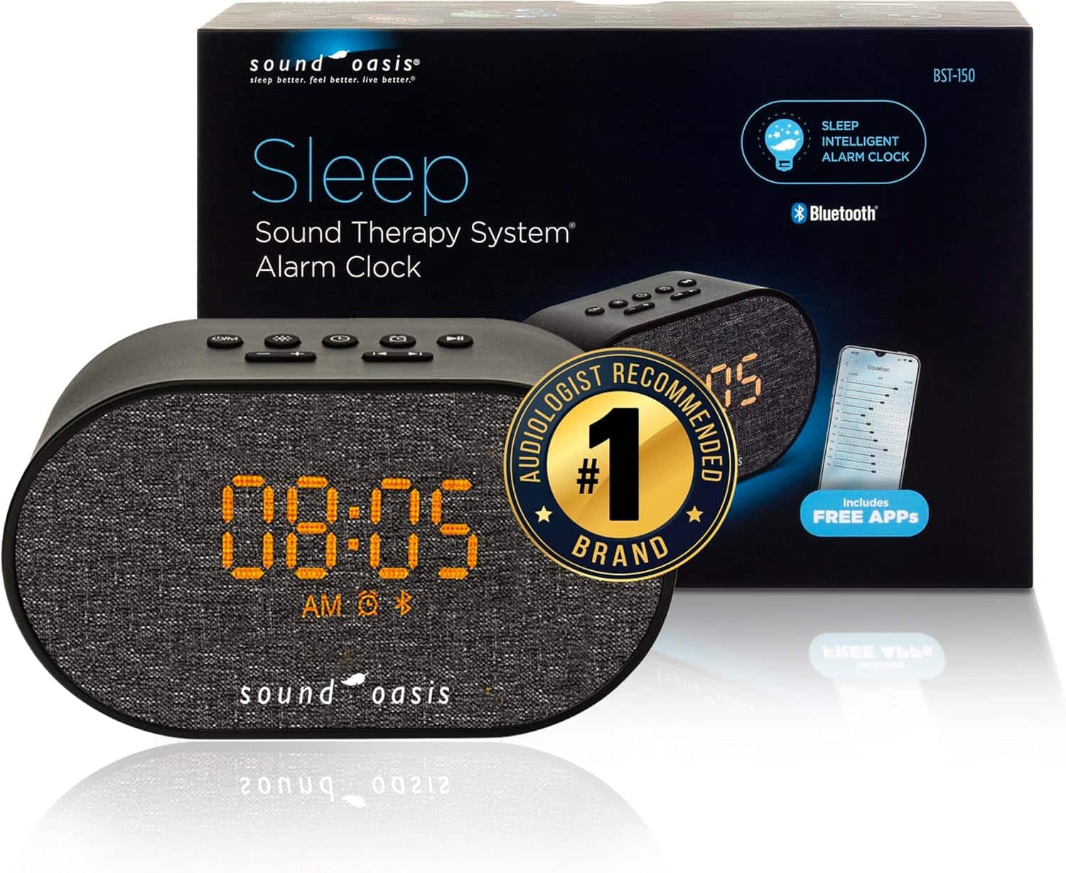 Sound Oasis - Bluetooth Sleep Sound Machine & Alarm Clock – 30 Soothing Sounds, Smart Light, Rechargeable, Travel-Ready - Black