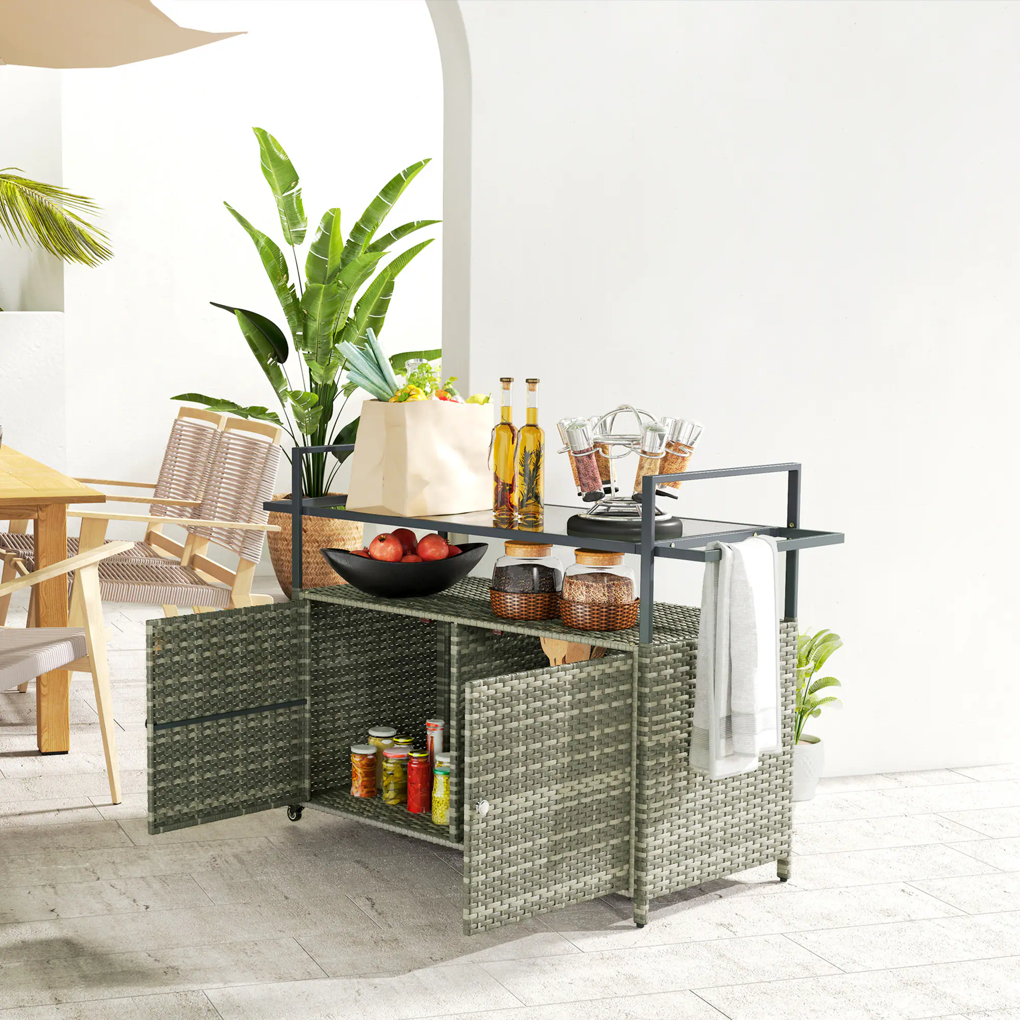 Alt View 1. Outsunny - Shelf PE Rattan Outdoor Bar Table, Glass Top Outdoor Serving Cart with Cabinet - Mixed Gray.