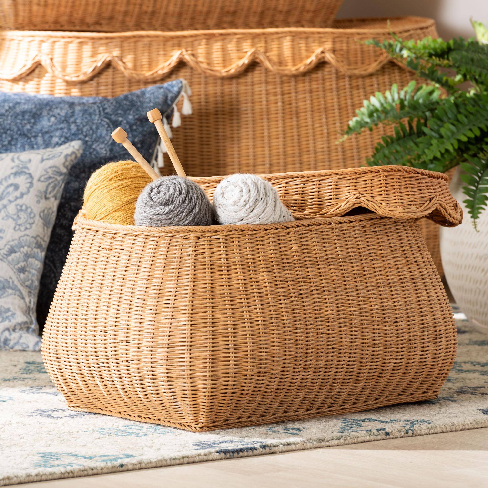 Alt View 4. bali & pari - Ayleen Natural Rattan Basket with Scalloped Lid – Handwoven Wicker Storage Box, Boho Coastal Home Décor, Small - Light Honey.