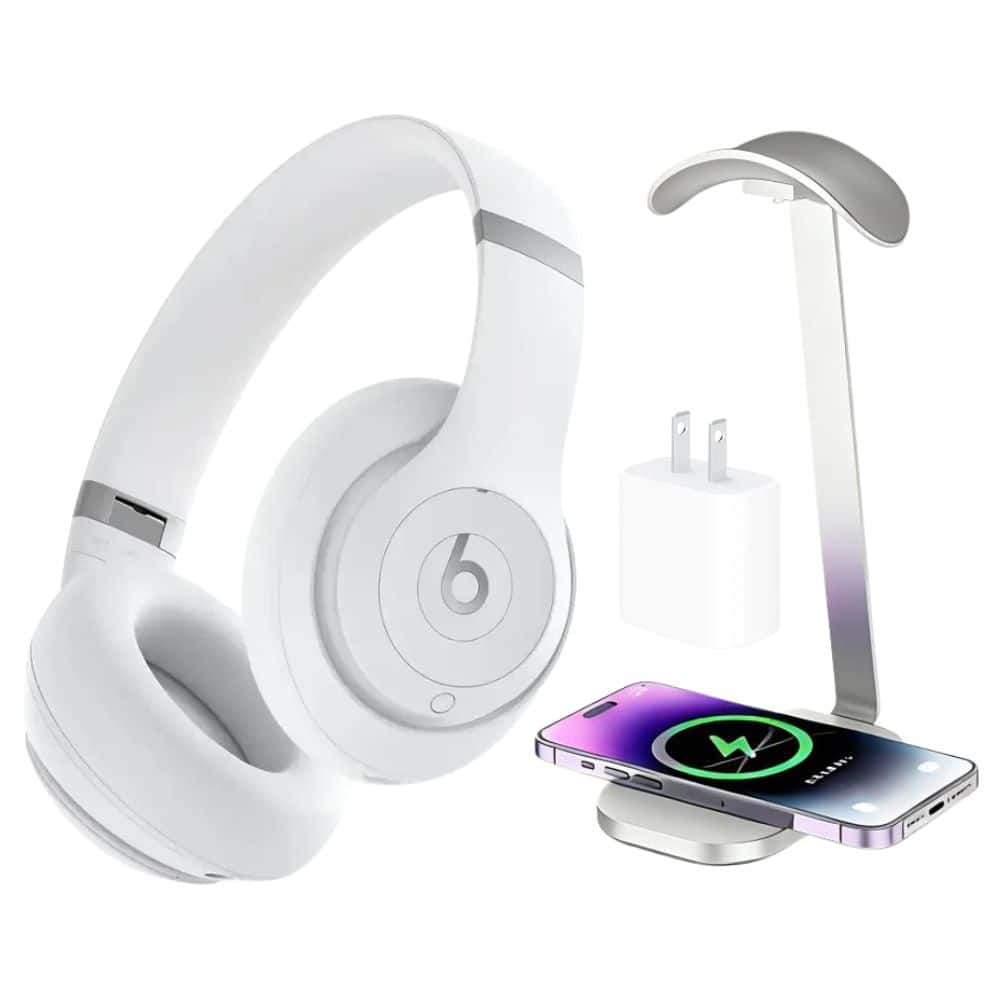 Beats - Studio Pro - Wireless Noise Cancelling Headphones - Matte White + Power Adapter & Headphone Stand/Charging Pad