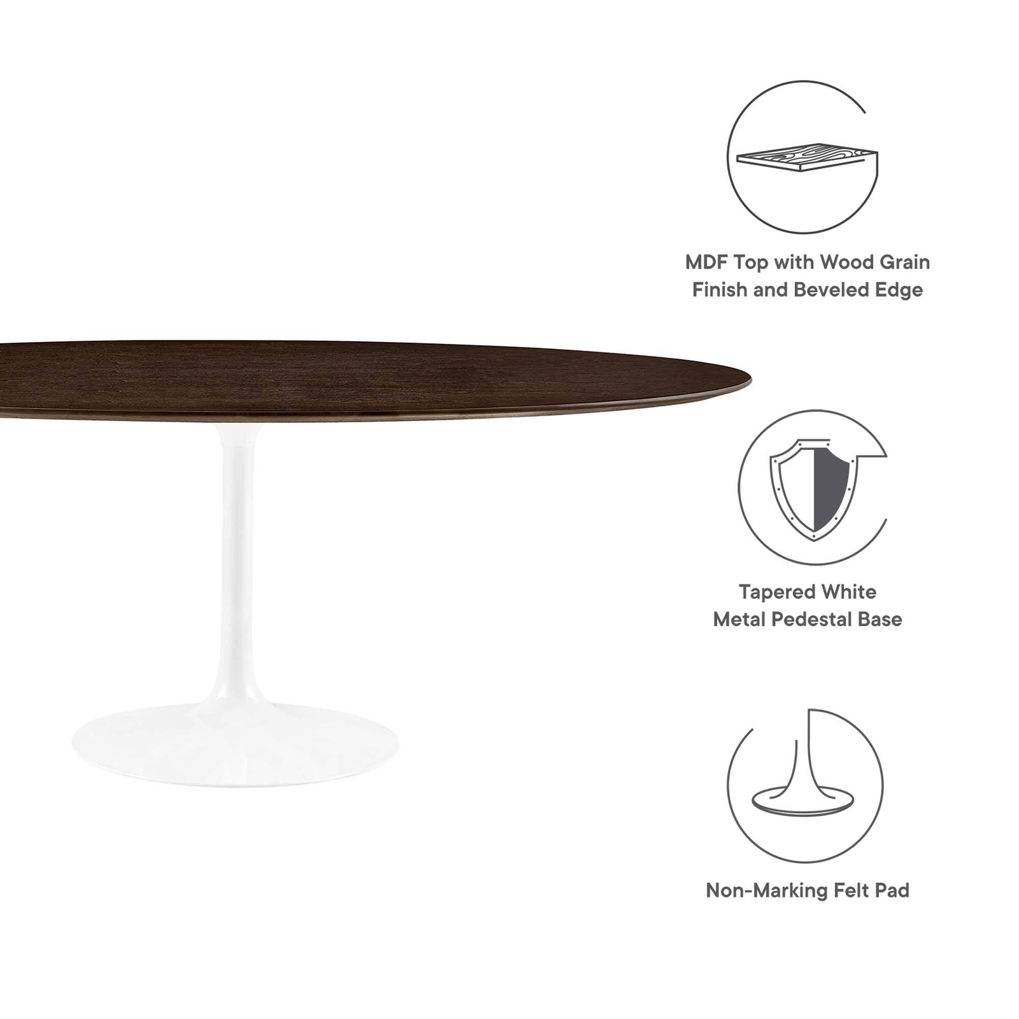 MDF Top with Wood Grain Finish and Beveled Edge  
Tapered White Metal Pedestal Base  
Non-Marking Felt Pad