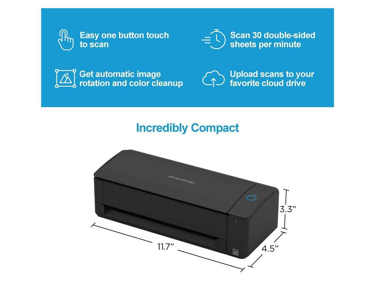 Easy one button touch to scan  
Scan 30 double-sided sheets per minute  
Get automatic image rotation and color cleanup  
Upload scans to your favorite cloud drive  

Incredibly Compact  
3.3" x 11.7" x 4.5"