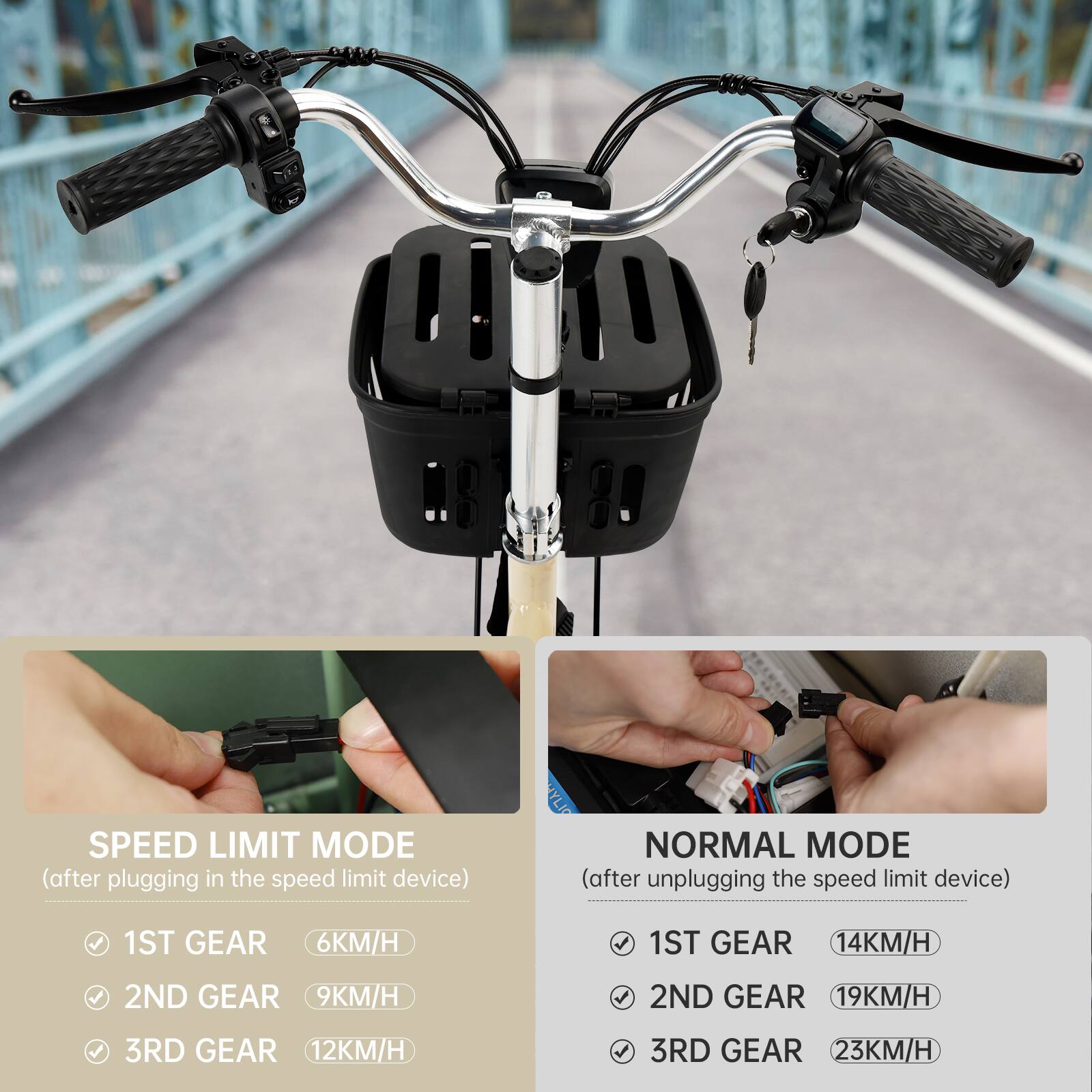 **SPEED LIMIT MODE**
(after plugging in the speed limit device)
- 1ST GEAR: 6KM/H
- 2ND GEAR: 9KM/H
- 3RD GEAR: 12KM/H
**NORMAL MODE**
(after unplugging the speed limit device)
- 1ST GEAR: 14KM/H
- 2ND GEAR: 19KM/H
- 3RD GEAR: 23KM/H