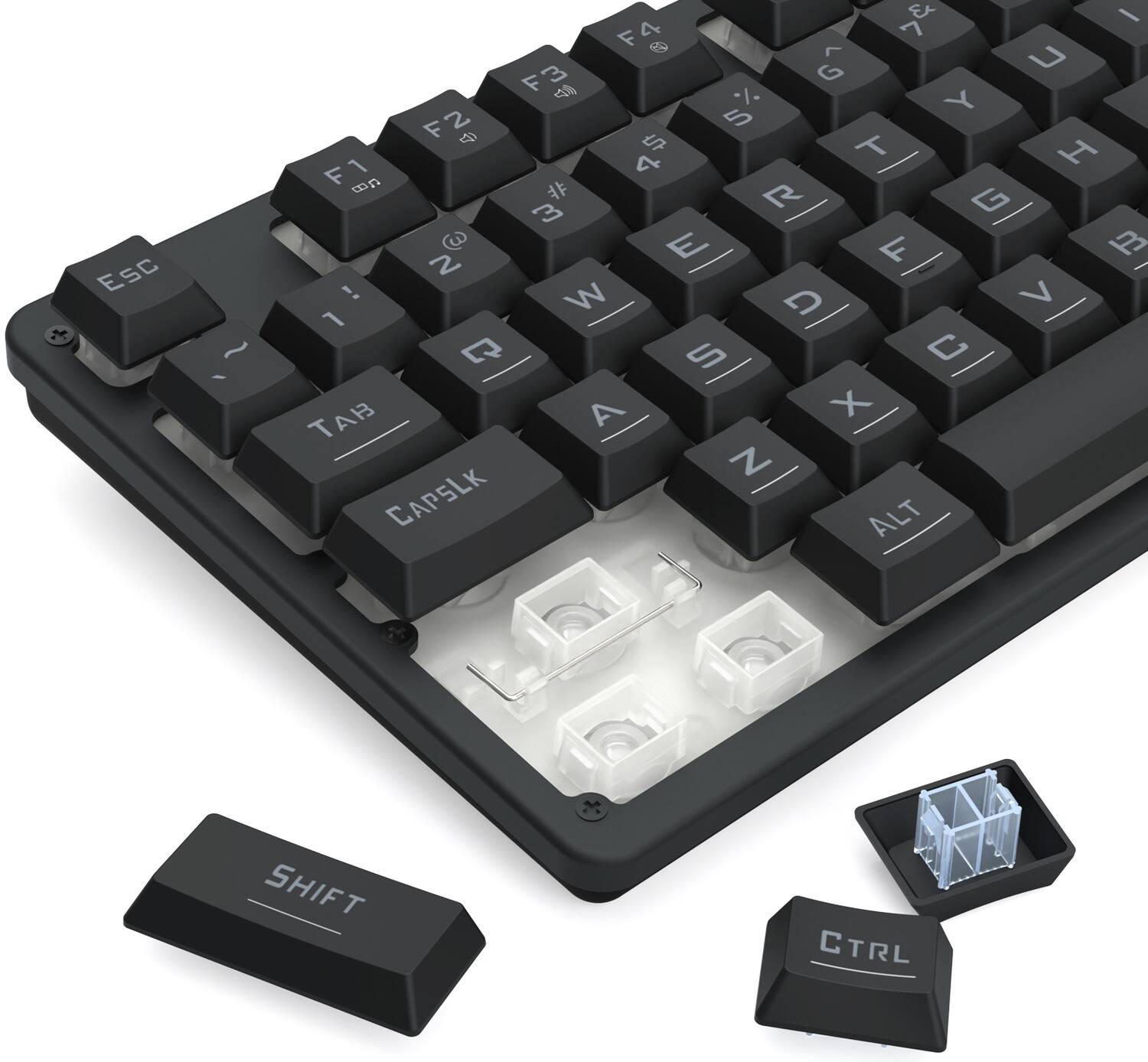 Sure, here is the corrected and grouped text from the image:

- ESC
- 1 ! 2 @ 3 # 4 $ 5 % 6 ^ 7 & 8 * 9 ( 0 ) - _ = + 
- TAB
- Q W E R T Y U I O P [ ] \ 
- CAPSLOCK
- A S D F G H J K L ; ' 
- SHIFT
- Z X C V B N M , . / 
- ALT
- CTRL