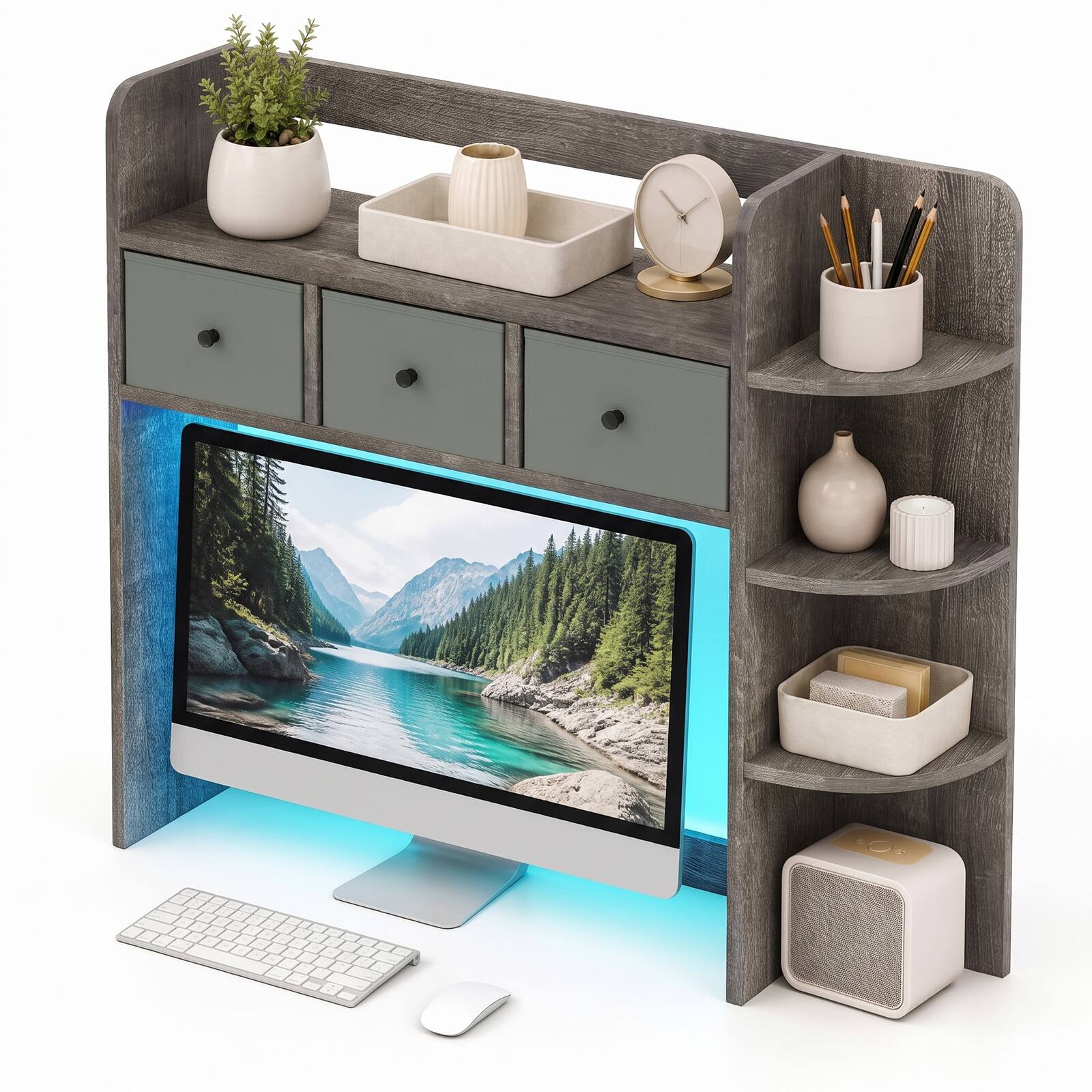 Alt View 9. Costway - Costway Desktop Bookshelf, Countertop Hutch Organizer with LED Lights, 5-Tier Shelves - Oak Gray.