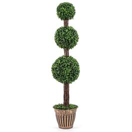Costway - 1 PCS Artificial Triple Ball Boxwood Tree,Fake Topiary with Cement-filled Retro Planter - Green