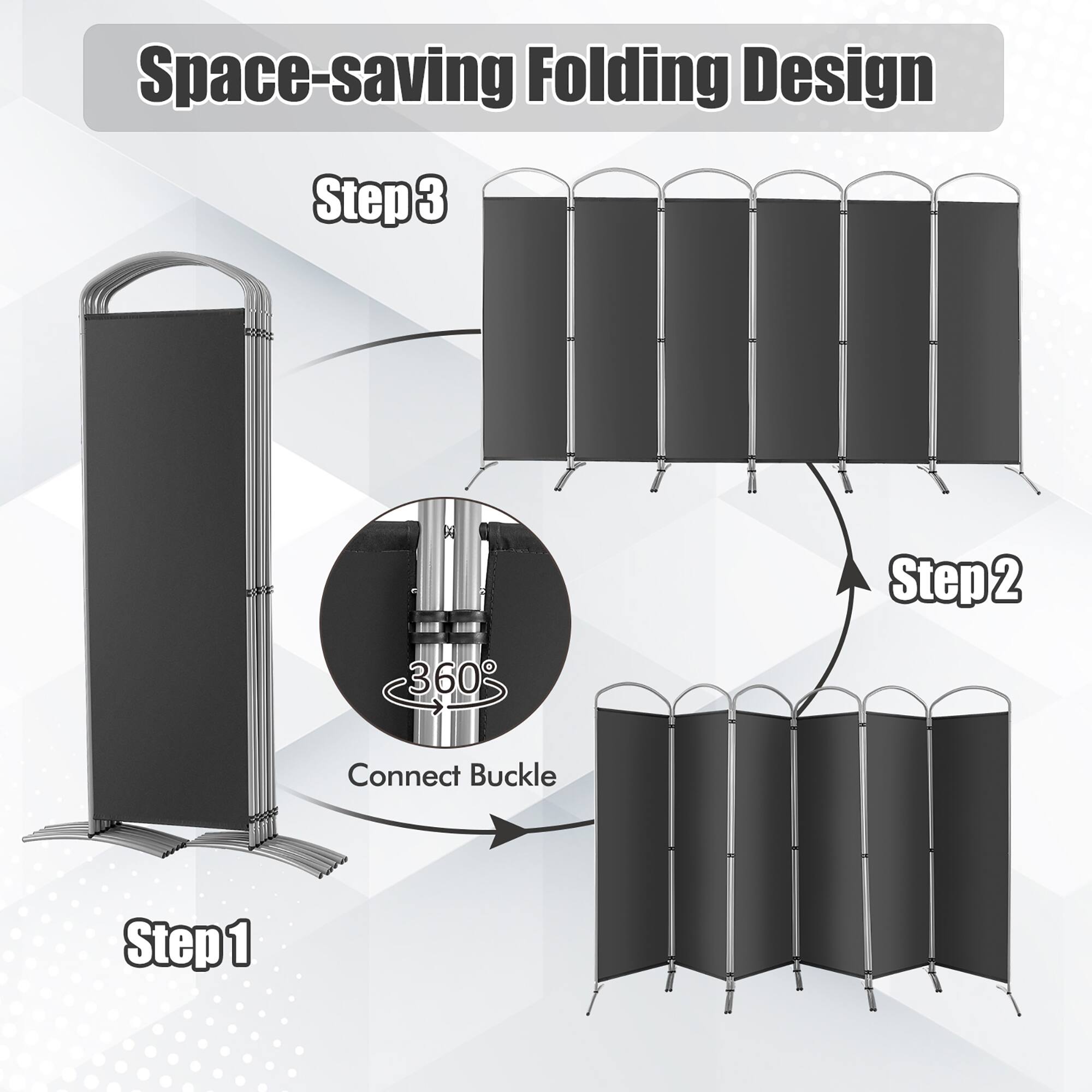 Space-saving Folding Design

Step 1

Step 2

Step 3

360°

Connect Buckle