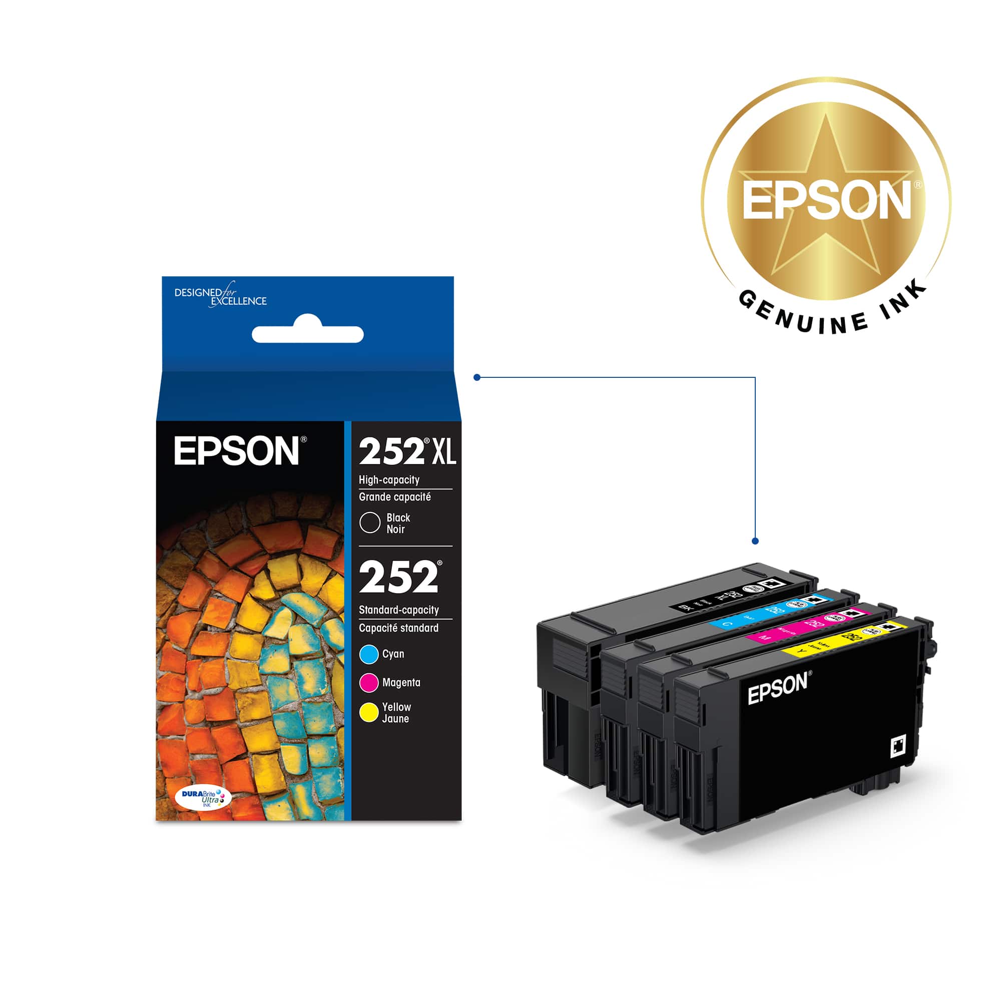 EPSON GENUINE INK 252X XL High-capacity Grande copach Black Noir 252 Standard-capacity Copacit standard Cyan Magenta Yellow Black 252 Standard-capacity Copacit standard Cyan Magenta Yellow Black