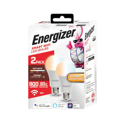 Energizer Smart WiFi LED Bulbs
2 Pack
Multi-White
Dimmable
800 Lumens
60W Equivalent Using Only 9W
WiFi
Works with Hey Google, Alexa, Siri Shortcuts
Easy Setup
Smart Lighting