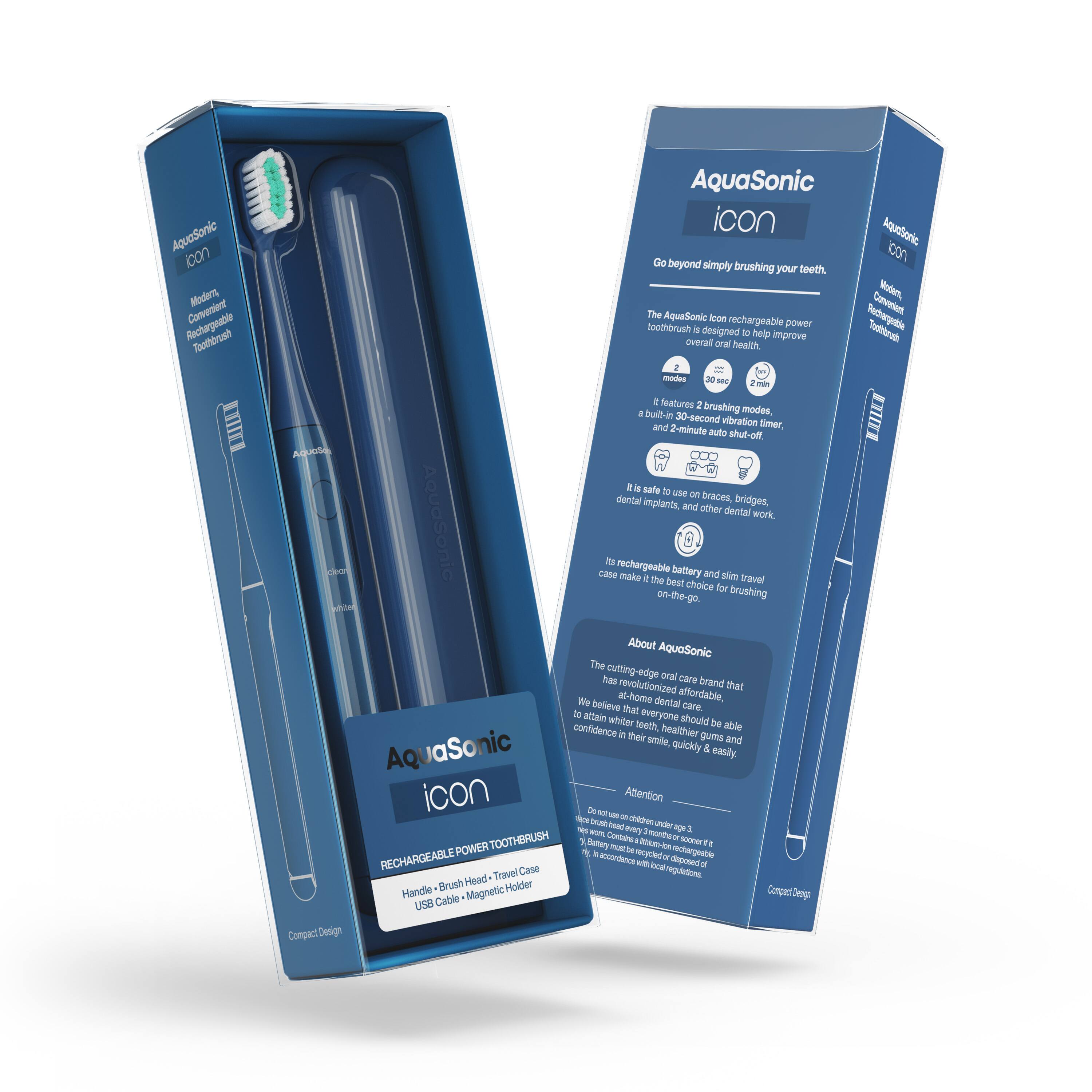 AquaSonic icon

Modern Convenient Rechargeable Toothbrush

Go beyond simply brushing your teeth.

The AquaSonic icon rechargeable power toothbrush is designed to help improve overall oral health. It features 2 brushing modes, a built-in 30-second vibration timer, and 2-minute auto shut-off. It is safe to use on braces, bridges, dental implants, and other dental work.

Its rechargeable battery and slim travel case make it the best choice for brushing on-the-go.

About AquaSonic

The cutting-edge oral care brand that has revolutionized affordable at-home dental care. We believe that everyone should be able to attain whiter teeth, healthier gums, and confidence in their smile quickly & easily.

Attention

Do not use on children under age 3. Battery must be disposed of in accordance with local regulations.

RECHARGEABLE POWER TOOTHBRUSH

Handles, Brush Head, Travel Case, USB Cable, Magnetic Holder

Compact Design