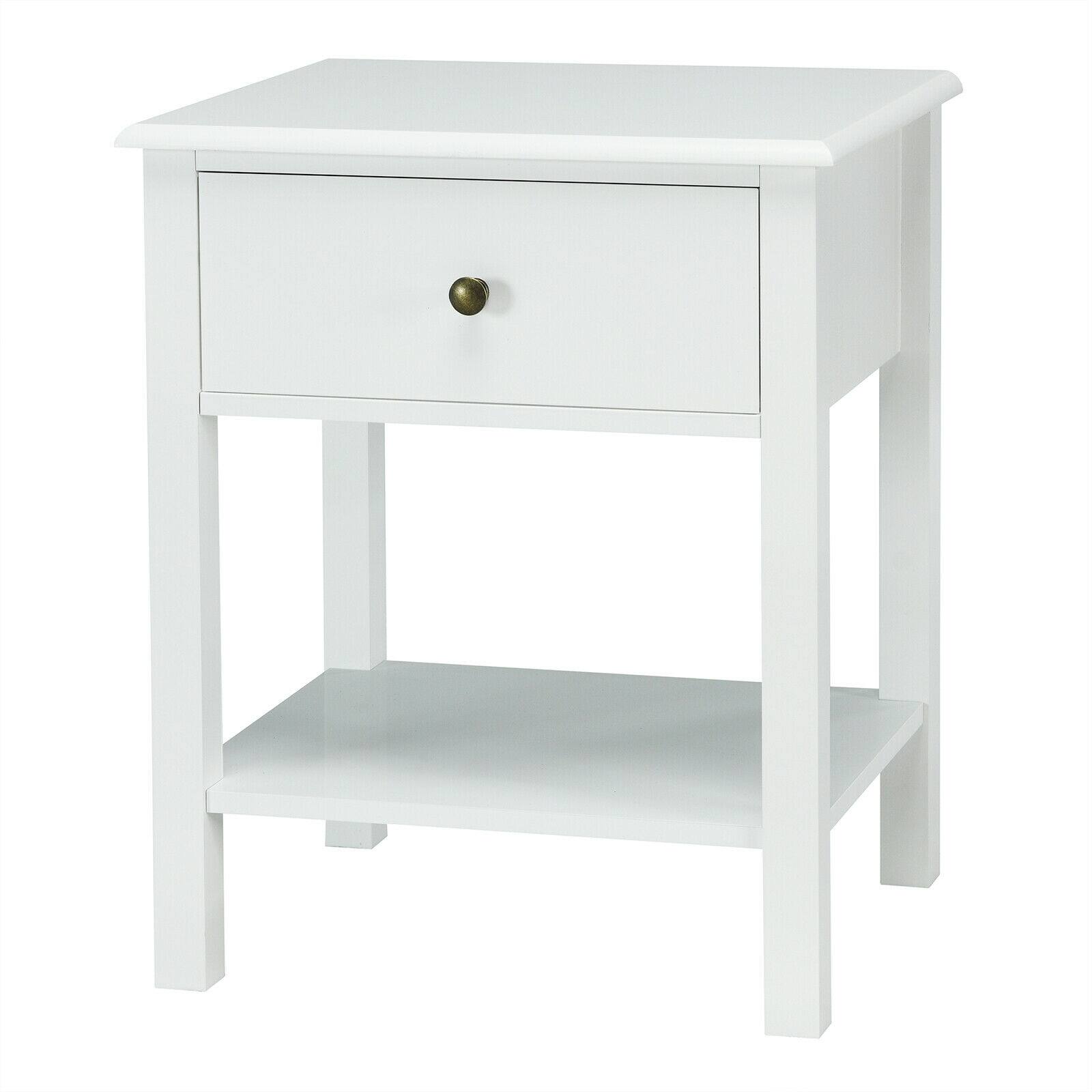 Back. SlickBlue - Nightstand End Table with Drawer and Bottom Shelf – Functional Storage Table - White.