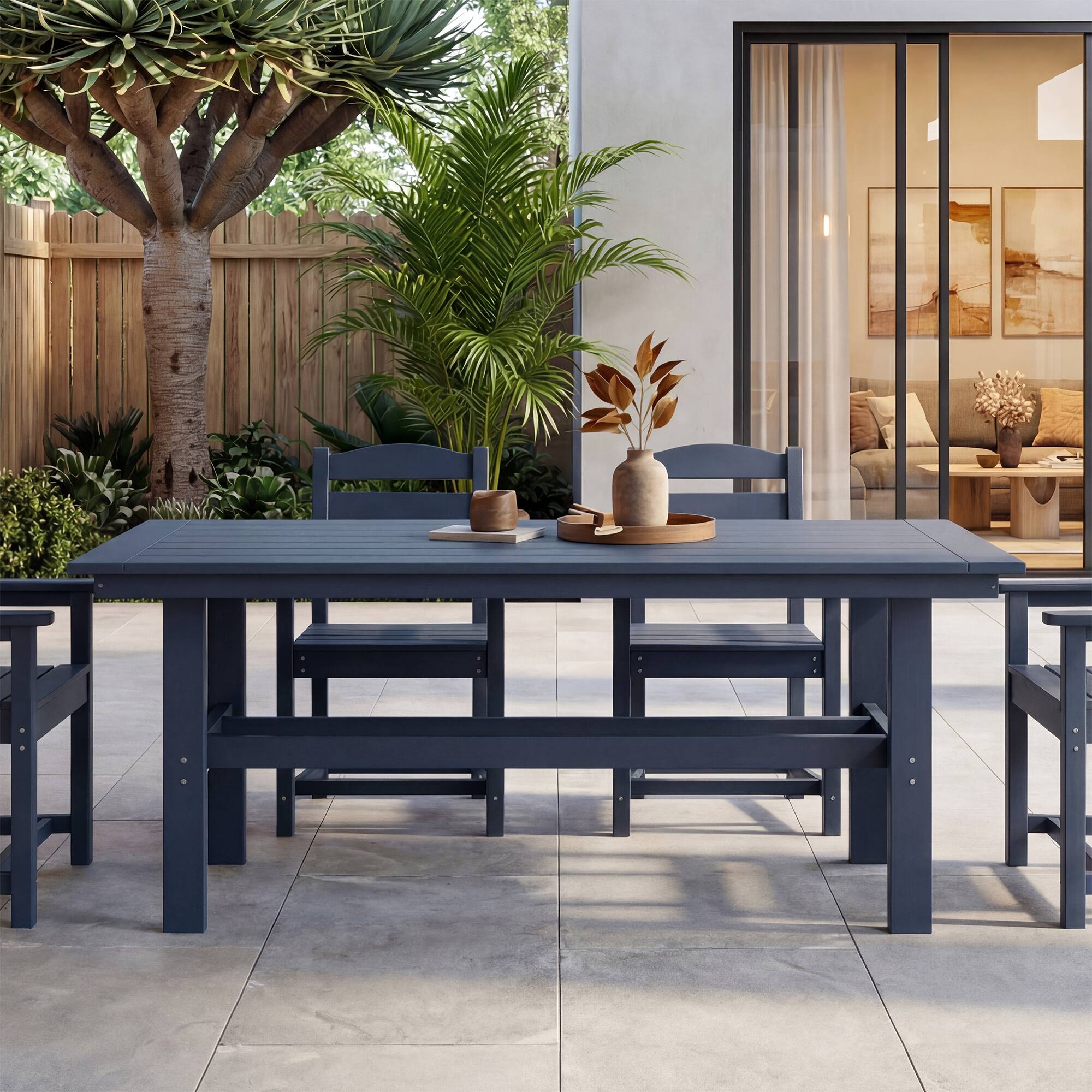 Left. Famapy - HDPE Outdoor Dining Table with Umbrella Hole & Cap-Solid Panel Patio Table for 8 People Weatherproof & Low Maintenance - Navy blue.