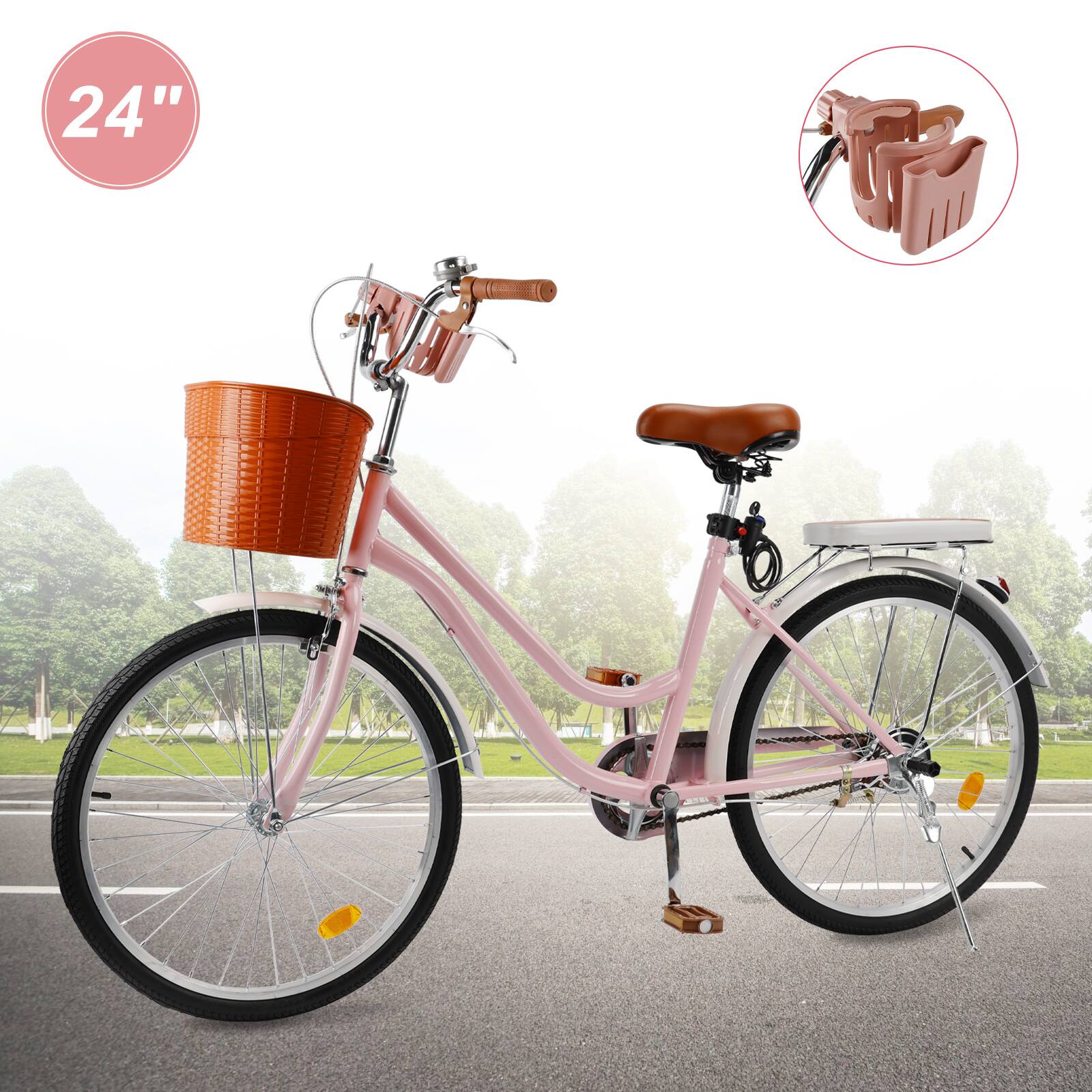Alt View 2. Topteng - 24 Inch Beach Cruiser Bike for Adult -Low Step Design, Basket & Rack, High Carbon Steel Frame, Dual Brakes Bicycle Pink - Pink.