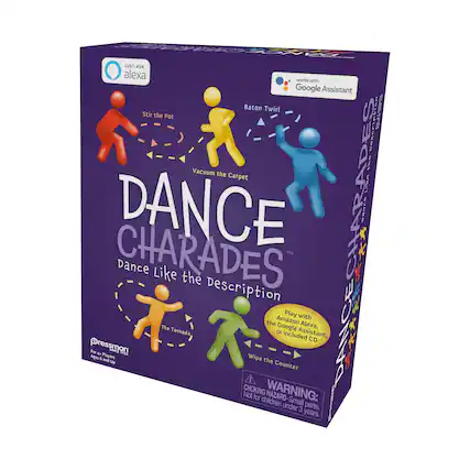 Sure, here is the corrected and grouped text from the image:
---
**DANCE CHARADES**
Dance Like the Description
**Just Ask Alexa**
works with Google Assistant
**Baton Twirl**
Stir the Pot
Vacuum the Carpet
The Tornado
Wipe the Counter
**Play with the Amazon Alexa, Google Assistant, or included CD**
**For 4+ players**
Ages 8 and Up
**WARNING:**
CHOKING HAZARD - Small parts. Not for children under 3 years.
---
**Pressman**