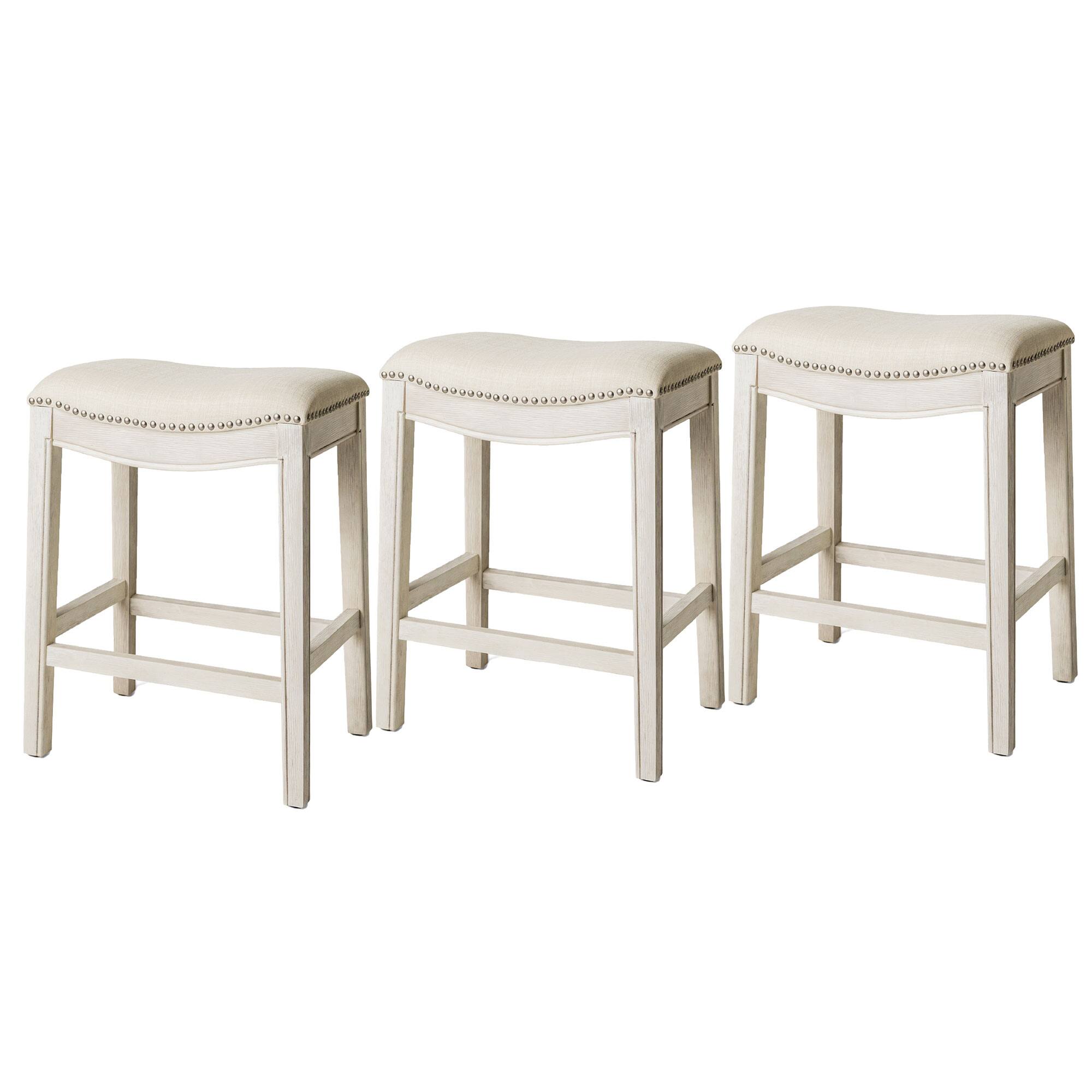 Maven Lane - Adrien Saddle Counter Stool Finish w/ Natural Fabric Upholstery, Set of 3 - White Oak