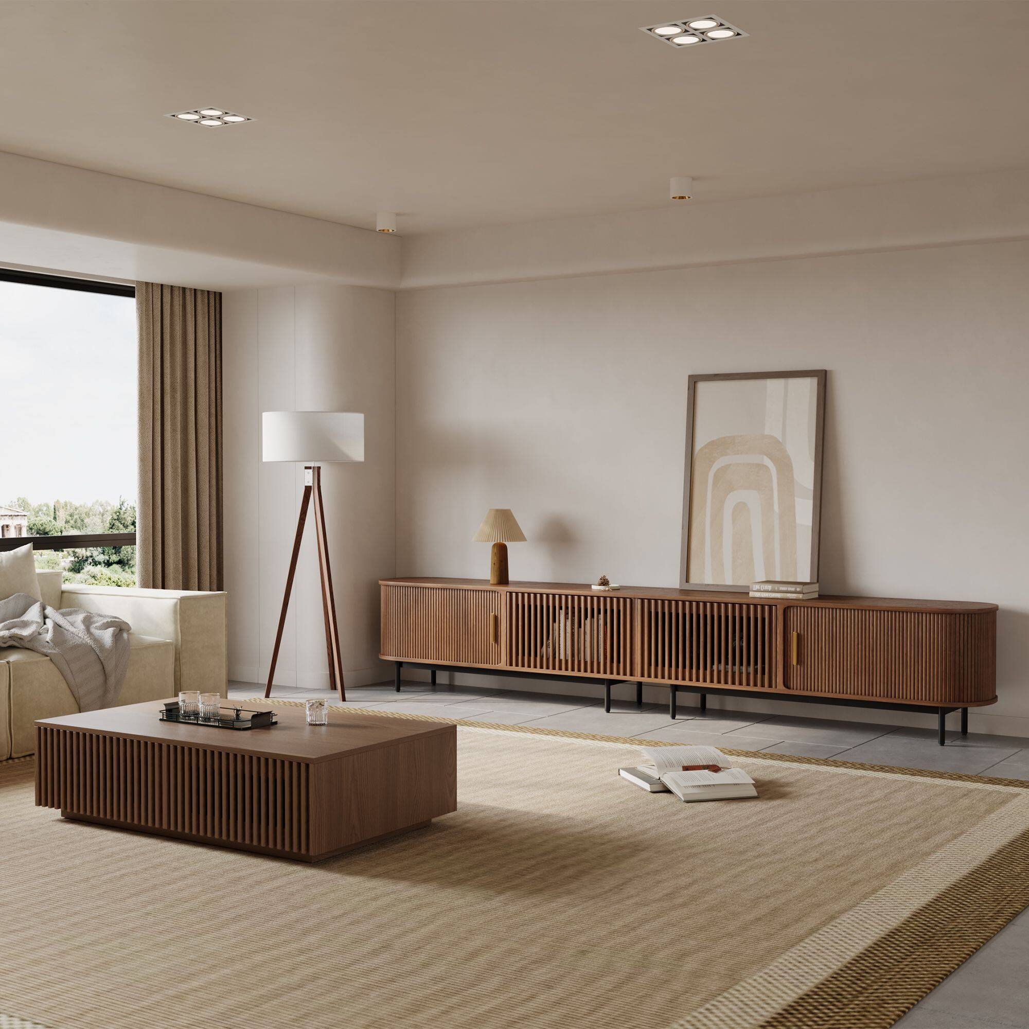 Left. POVISON - 118"Mid-Century Modern Tambour Door TV Stand ,Walnut - Walnut.