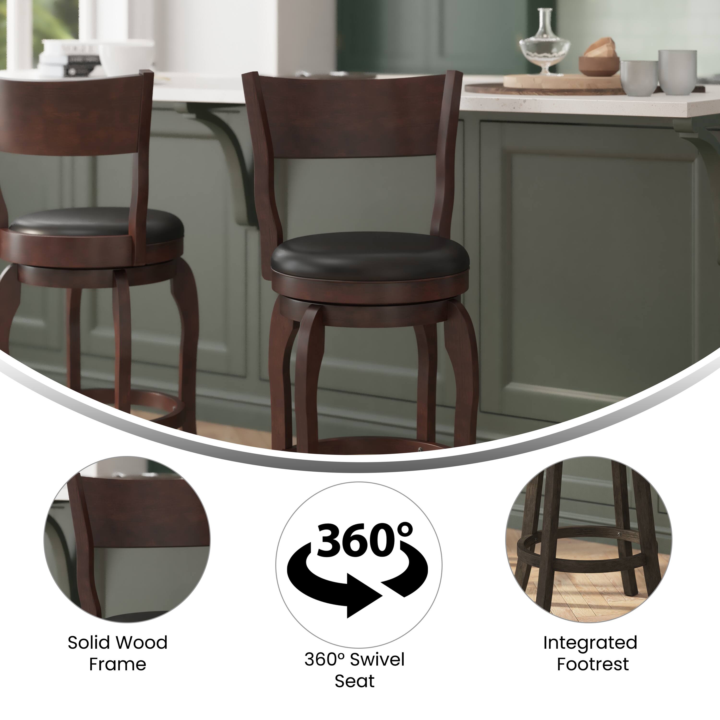360° Solid Wood Frame  
360° Swivel Seat  
Integrated Footrest