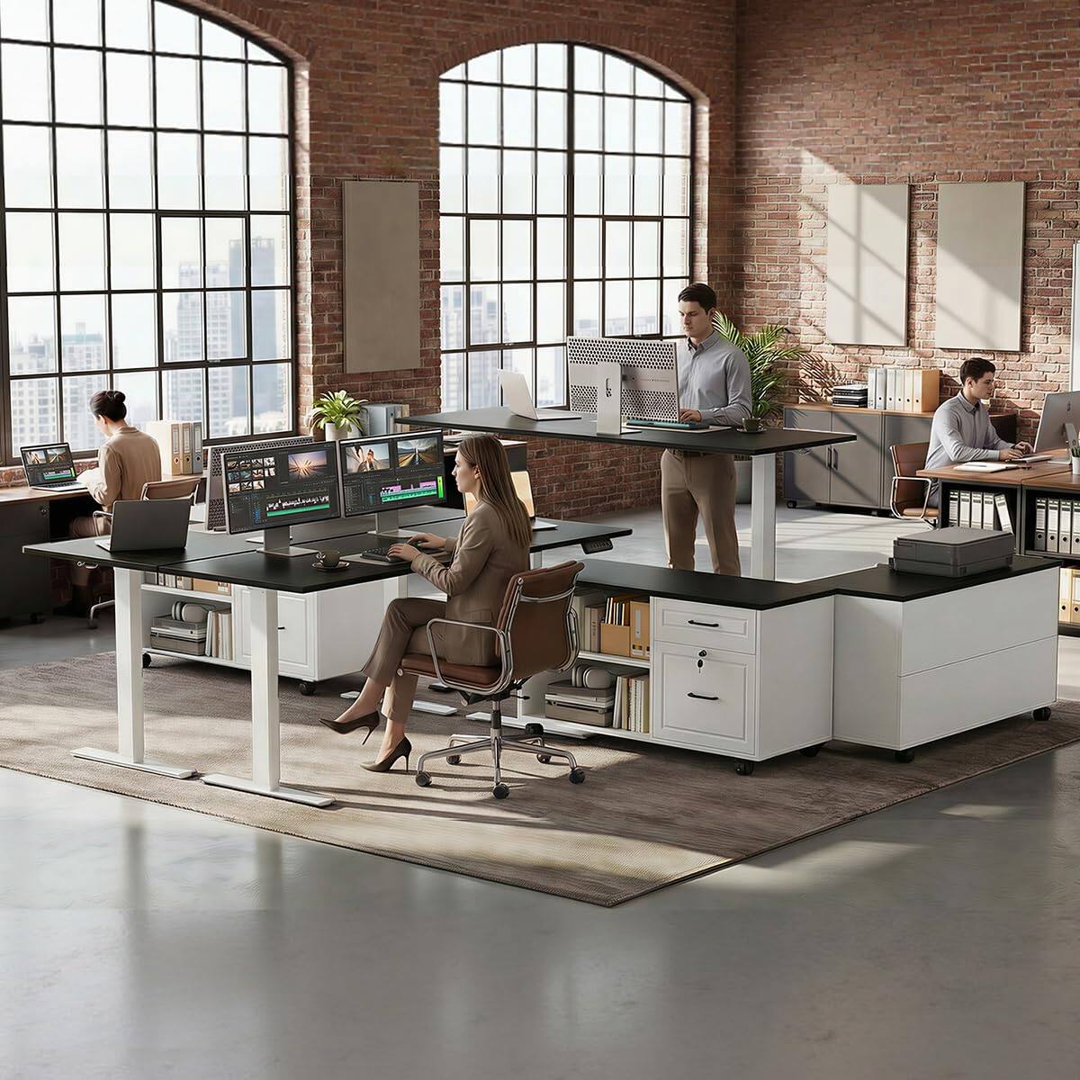 Alt View 8. OffiGo - L Shaped Electric Standing Desk with Drawers & File Cabinet, Height Adjustable Computer Desk for Home Office - Black+white.