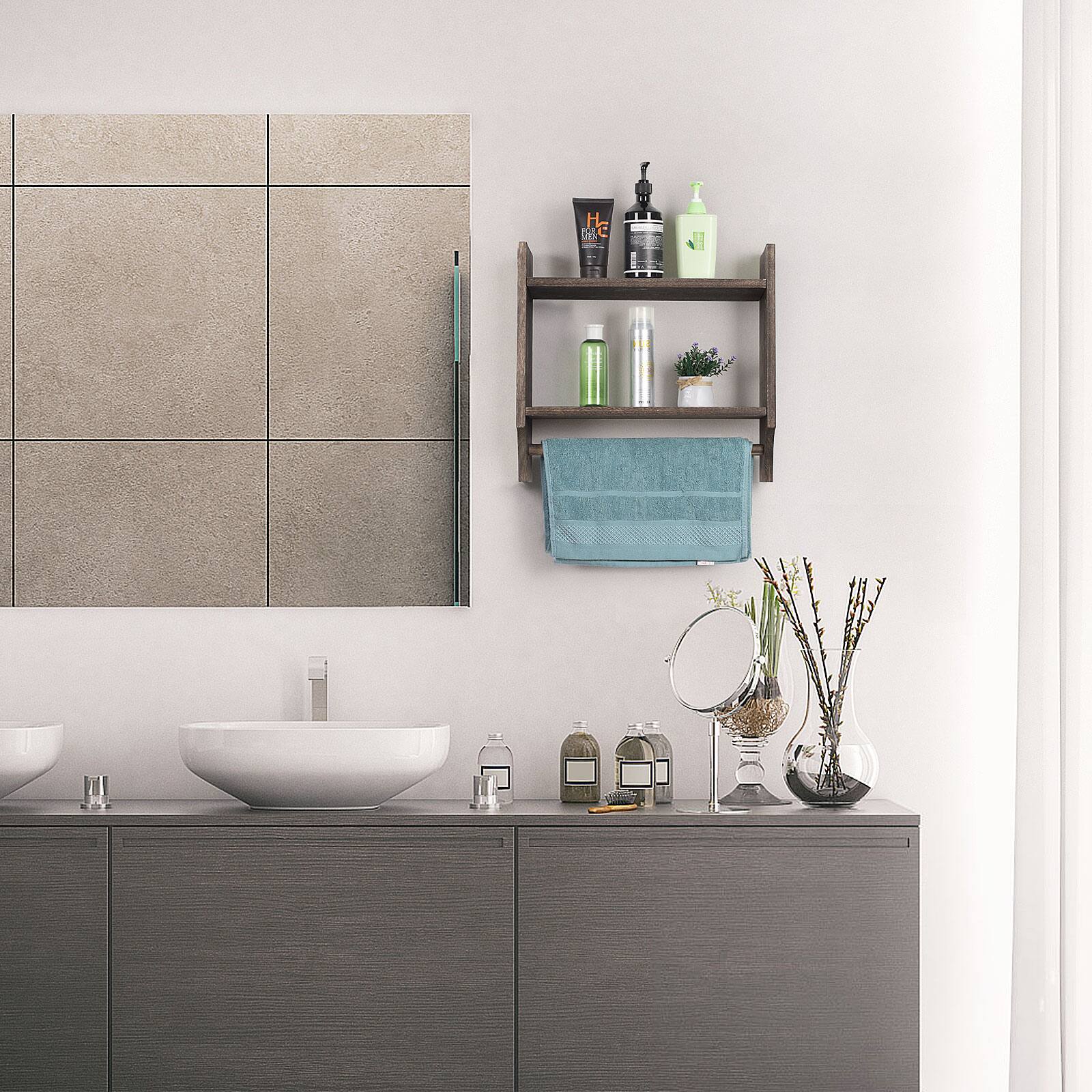 Back. Oumilen - Dark Brown Wood Wall Mounted Bathroom Shelf with Towel Bar – 2‑Tier Storage Organizer - Dark Brown.