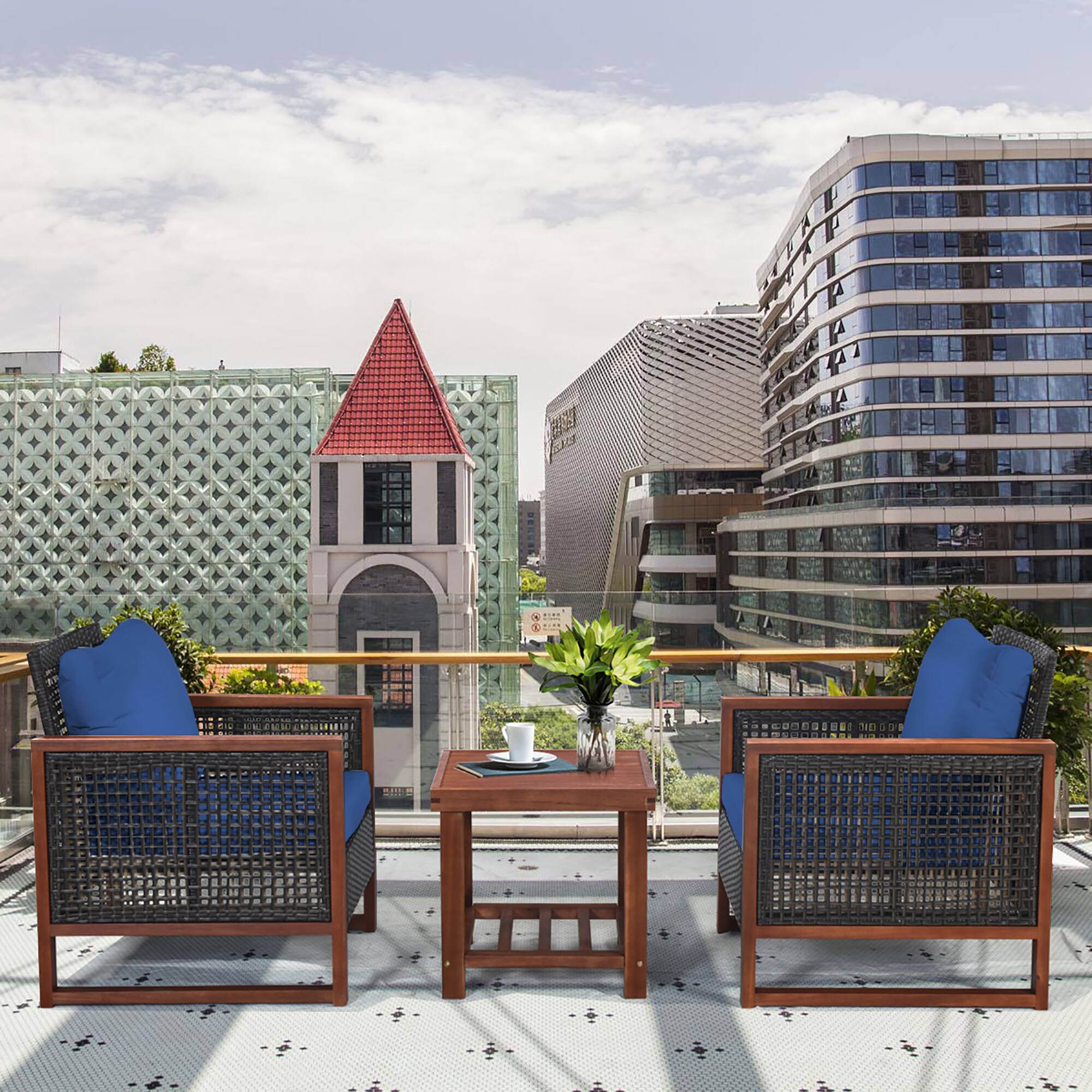 Alt View 2. Costway - Costway 3PCS Patio Wicker Furniture Set Solid Wood Frame Cushion Sofa w/ Square Table Shelf - Navy.