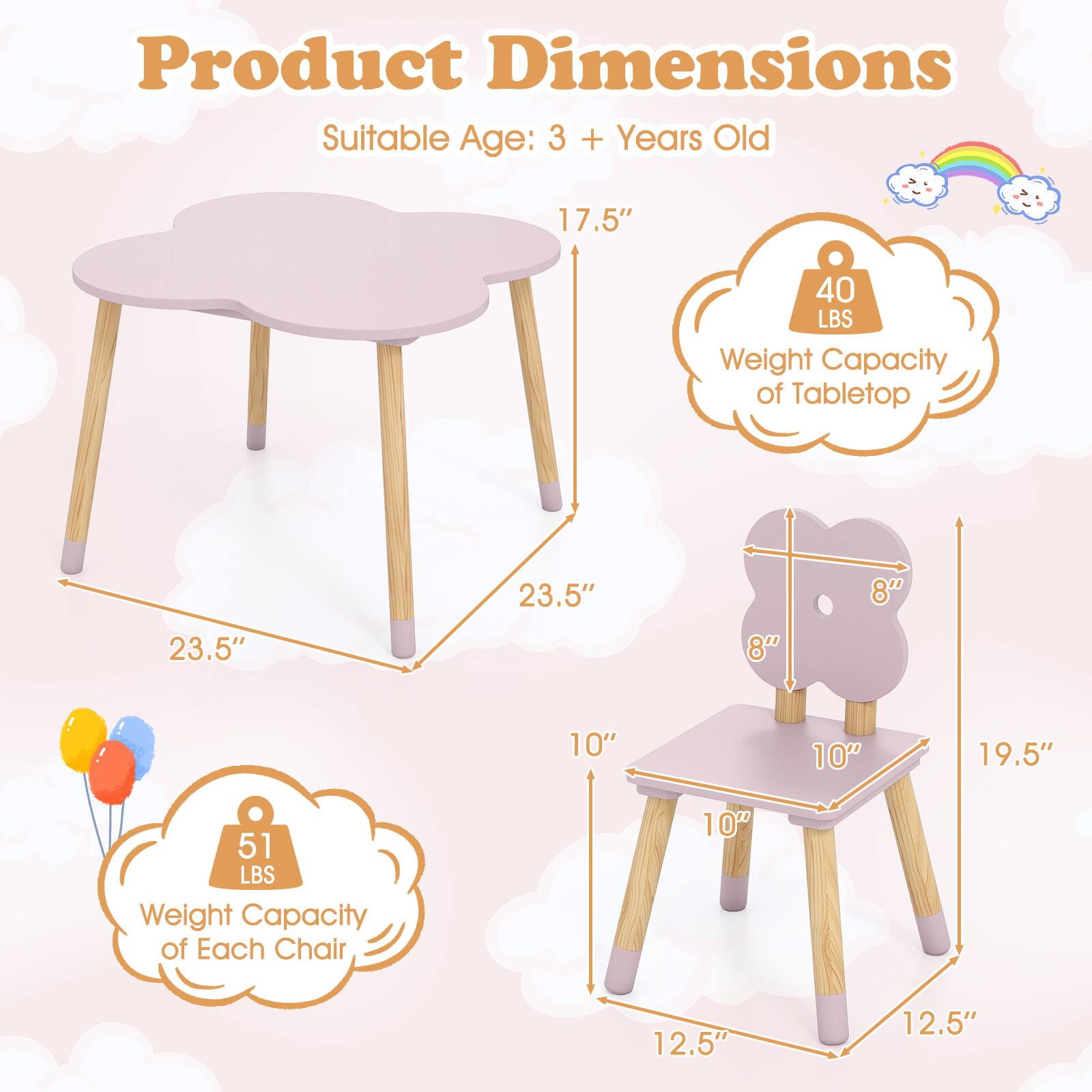 Product Dimensions  
Suitable Age: 3 + Years Old  

Tabletop:  
- Length: 23.5"  
- Width: 23.5"  
- Height: 17.5"  
- Weight Capacity: 40 LBS  

Chair:  
- Seat Height: 10"  
- Seat Depth: 10"  
- Back Height: 8"  
- Back Width: 8"  
- Overall Height: 19.5"  
- Overall Width: 12.5"  
- Weight Capacity: 51 LBS