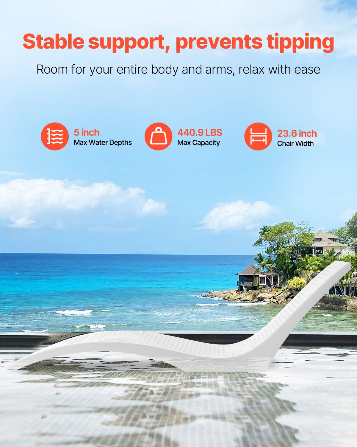 Stable support, prevents tipping
Room for your entire body and arms, relax with ease
5 inch Max Water Depths
440.9 LBS Max Capacity
23.6 inch Chair Width