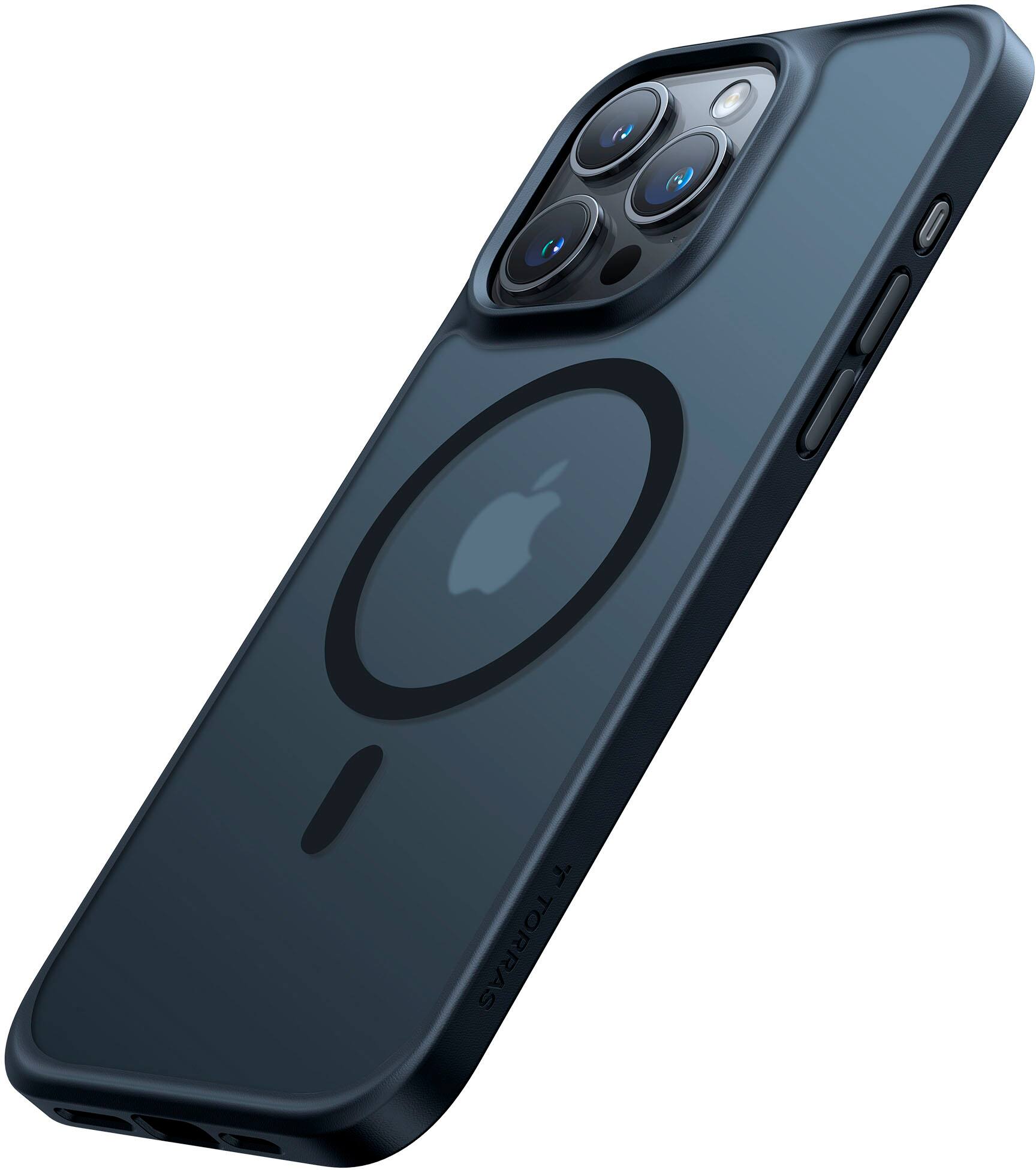 Angle. TORRAS - Guardian Magnetic Military Grade Drop Tested & Compatible MagSafe slim Frosted Case designed for Apple iPhone 15 Pro Max - Black.