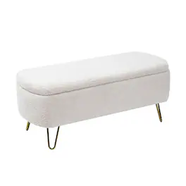 HTUTWOO - Storage Ottoman Bench for Bedroom - Faux Fur Upholstered Bench with Gold Legs, Padded Storage Bench for Living Room - Ivory