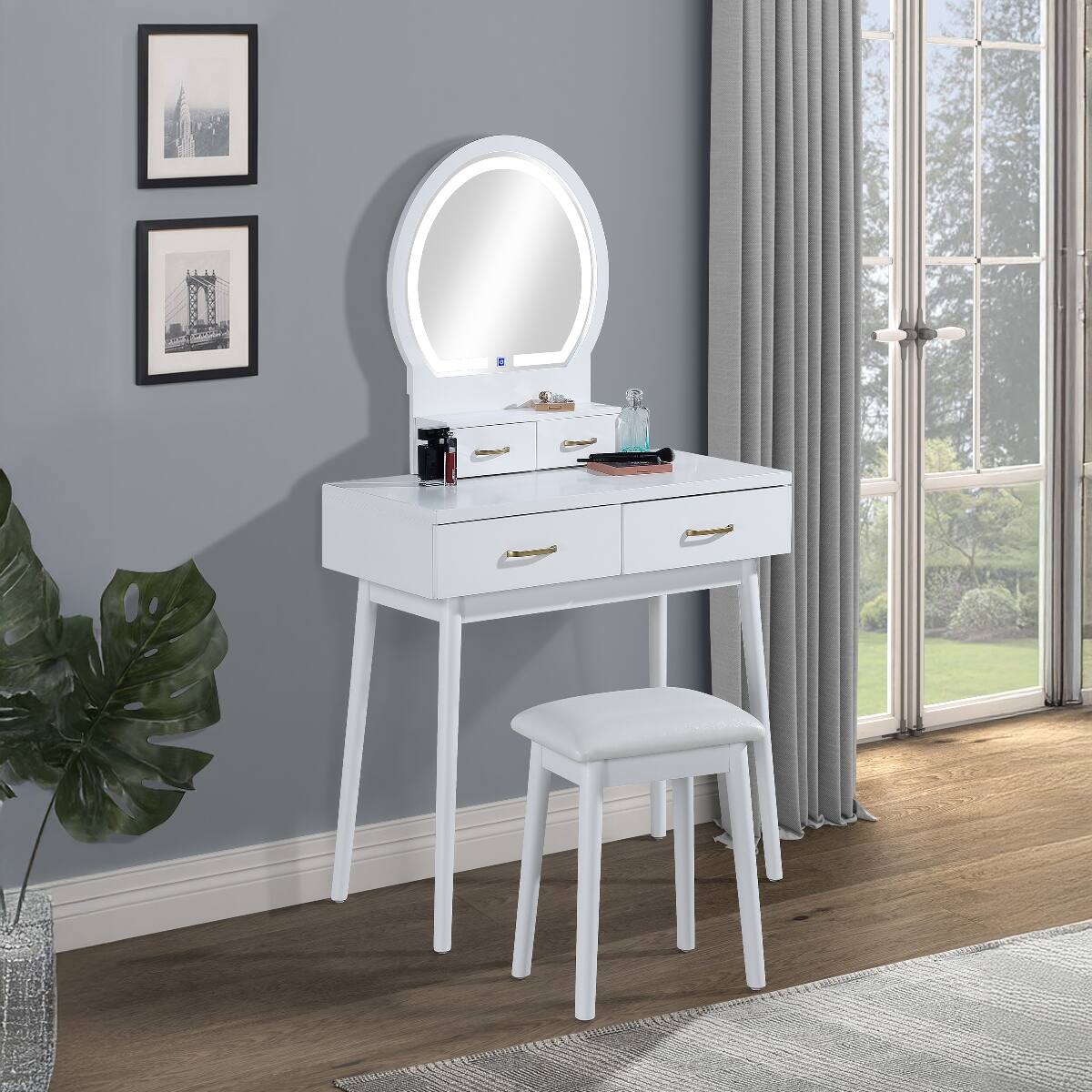 Loheer Makeup Vanity with Built In LED Mirror Wood Table and Cushioned ...