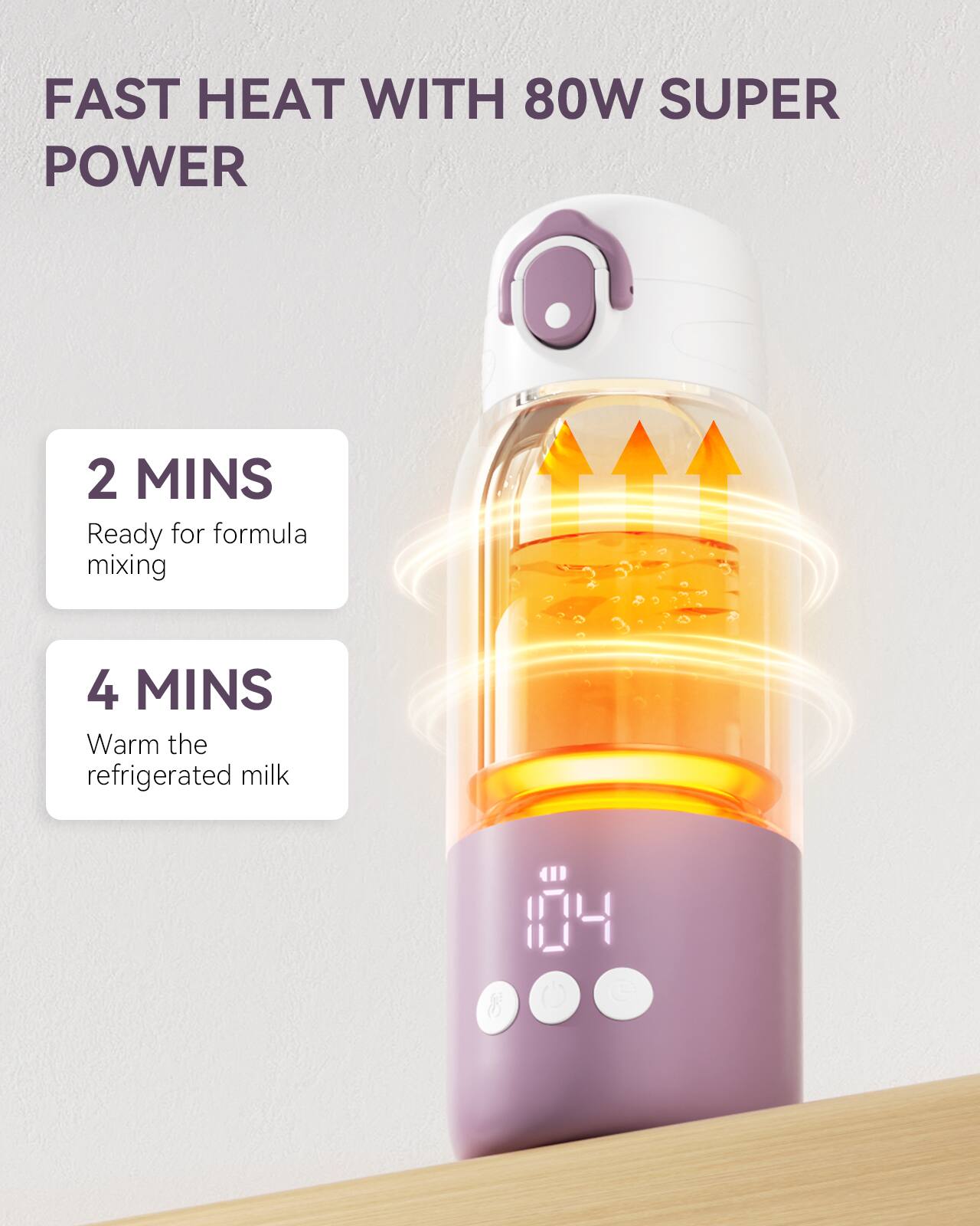 FAST HEAT WITH 80W SUPER POWER

2 MINS
Ready for formula mixing

4 MINS
Warm the refrigerated milk

104°C