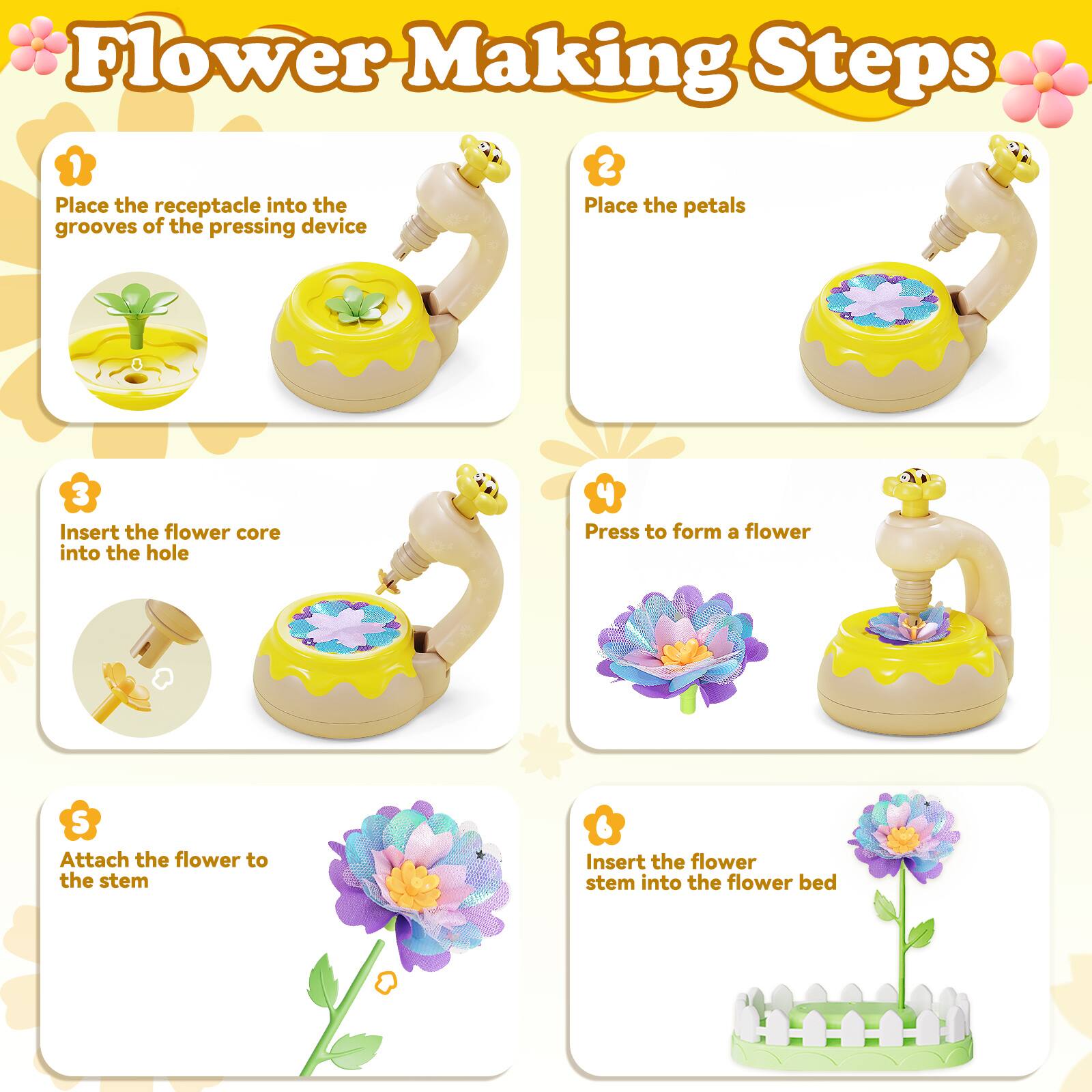 Flower Making Steps

1. Place the receptacle into the grooves of the pressing device
2. Place the petals
3. Insert the flower core into the hole
4. Press to form a flower
5. Attach the flower to the stem
6. Insert the flower stem into the flower bed