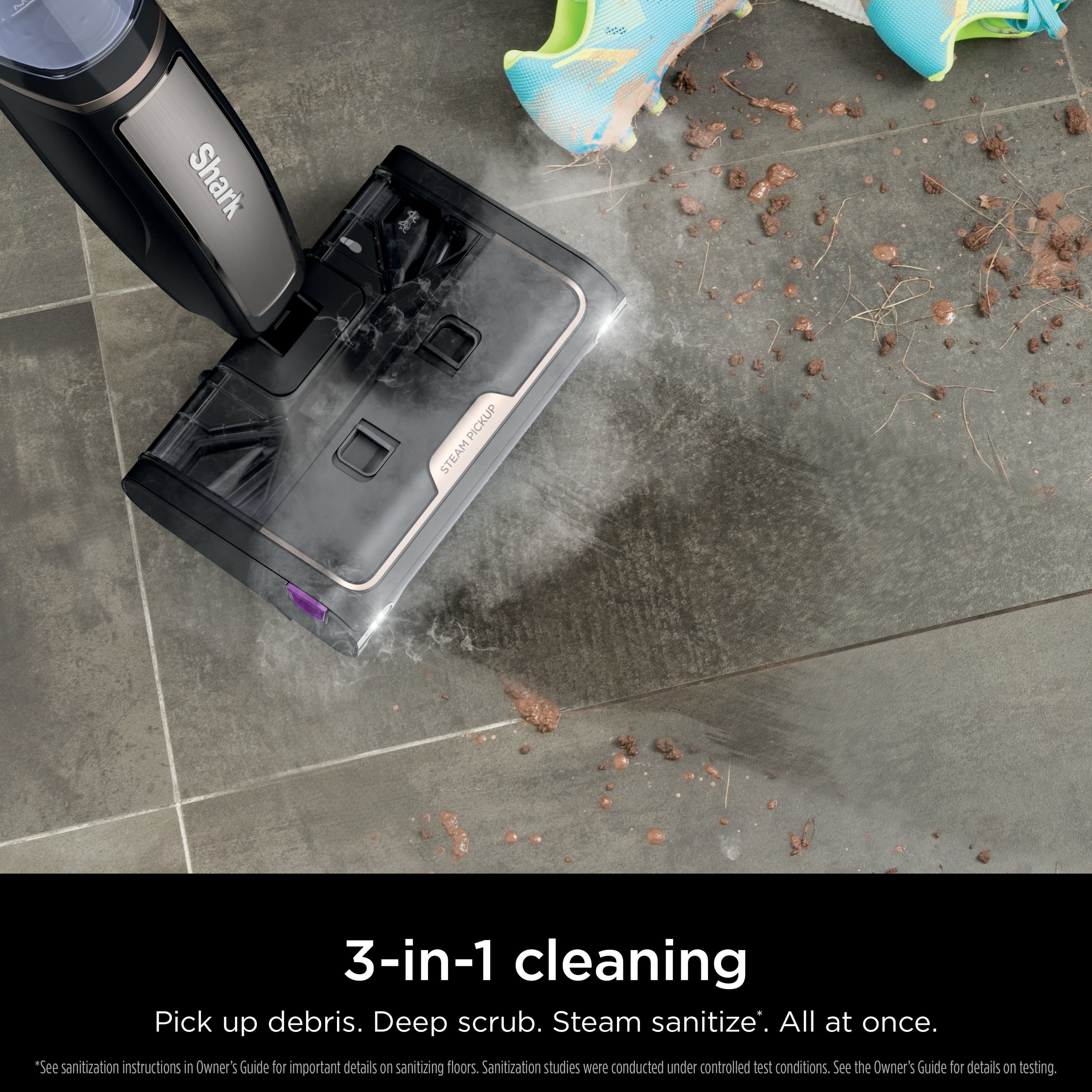 "Shark 3-in-1 cleaning: Pick up debris, deep scrub, and steam sanitize all at once. See sanitization instructions in the Owner's Guide for important details on sanitizing floors. Sanitization studies were conducted under controlled test conditions. See the Owner's Guide for details on testing."