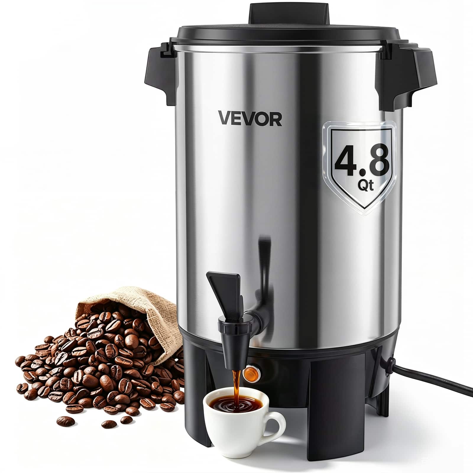 VEVOR - Commercial Coffee Urn, 30 Cup 152oz Hot Beverage Dispenser with Dripless Faucet, 1090W Quick-Brewing Coffee Maker - Silver;Black