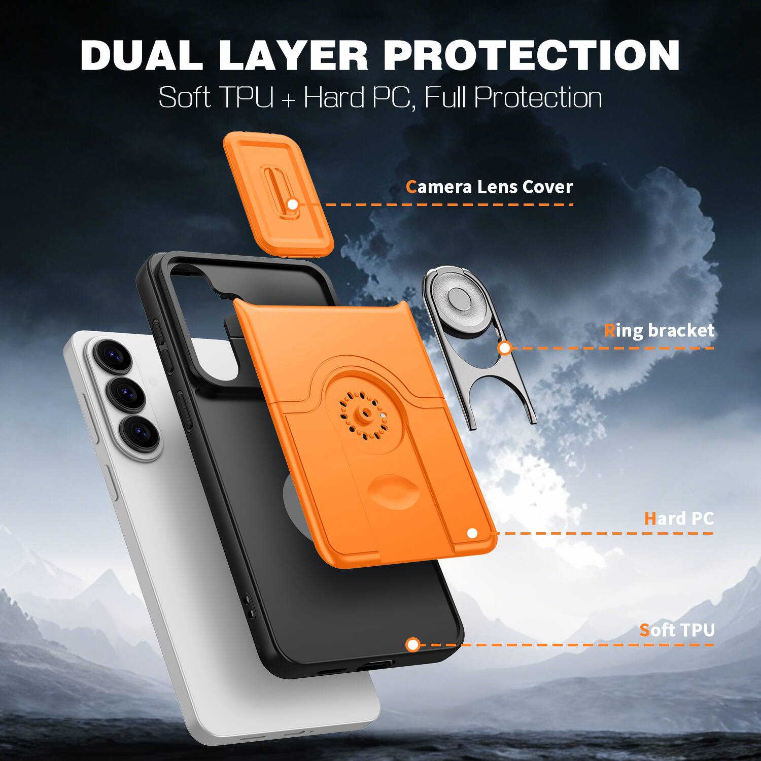 DUAL LAYER PROTECTION  
Soft TPU + Hard PC, Full Protection  
Camera Lens Cover  
Ring bracket  
Hard PC  
Soft TPU